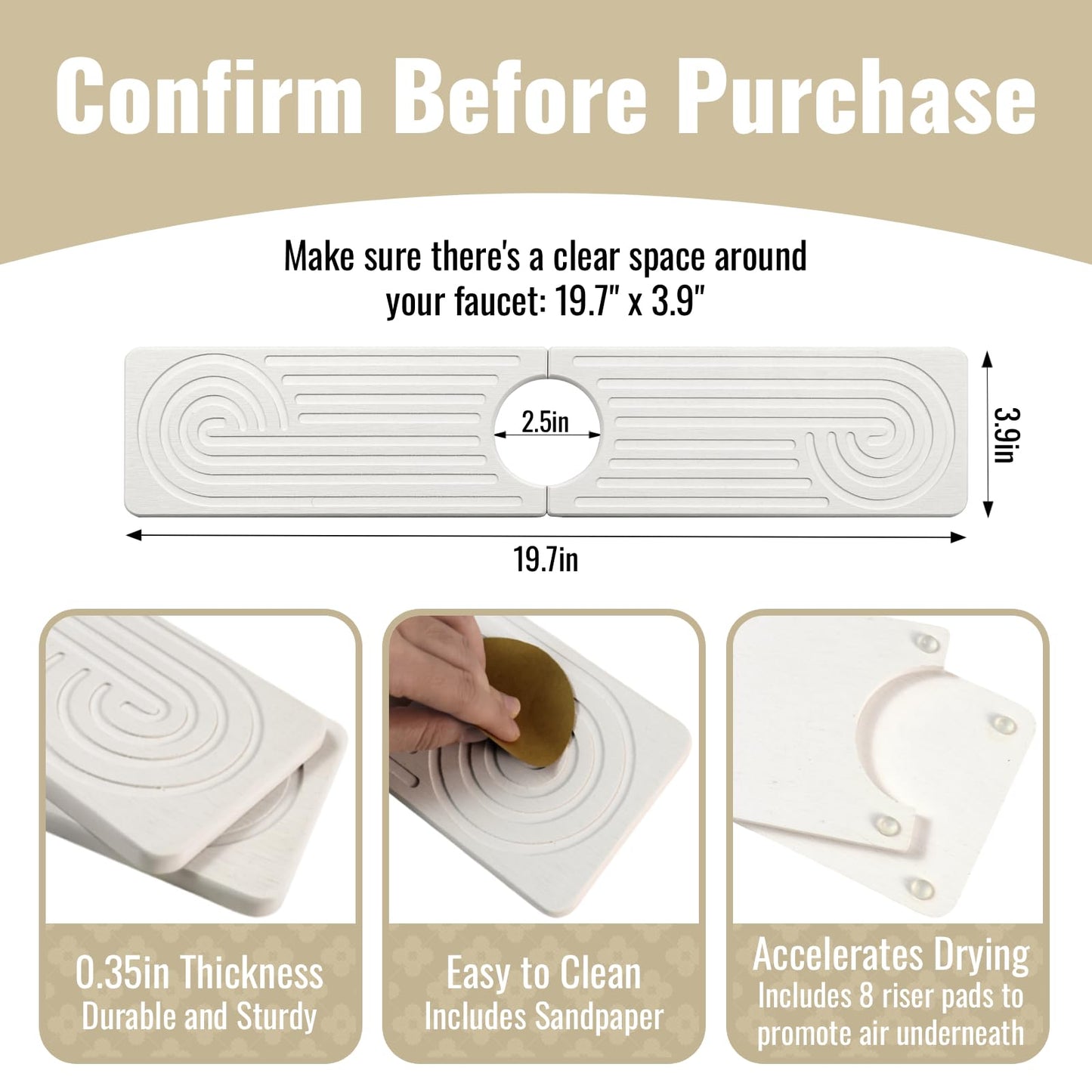 Hopegiver Stone Faucet Mat for Kitchen Sink - Fast Drying Diatomite Sink Protector Prevent Moisture, Super Water Absorbing Stone Tray for Kitchen & Bathroom Counter (White, 15.7"x3.9") BST326H