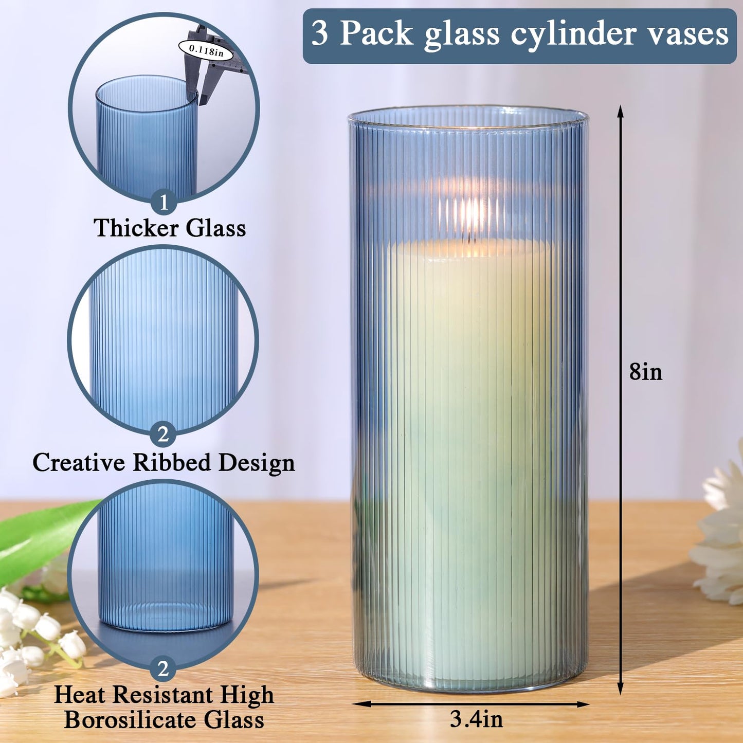 Glass Ribbed Cylinder Vases, 8 Inch Tall, Clear, Pack of 3 | Flower Vases in Bulk, Hurricane Floating Candle Vases, For Party Home Decor BST326H
