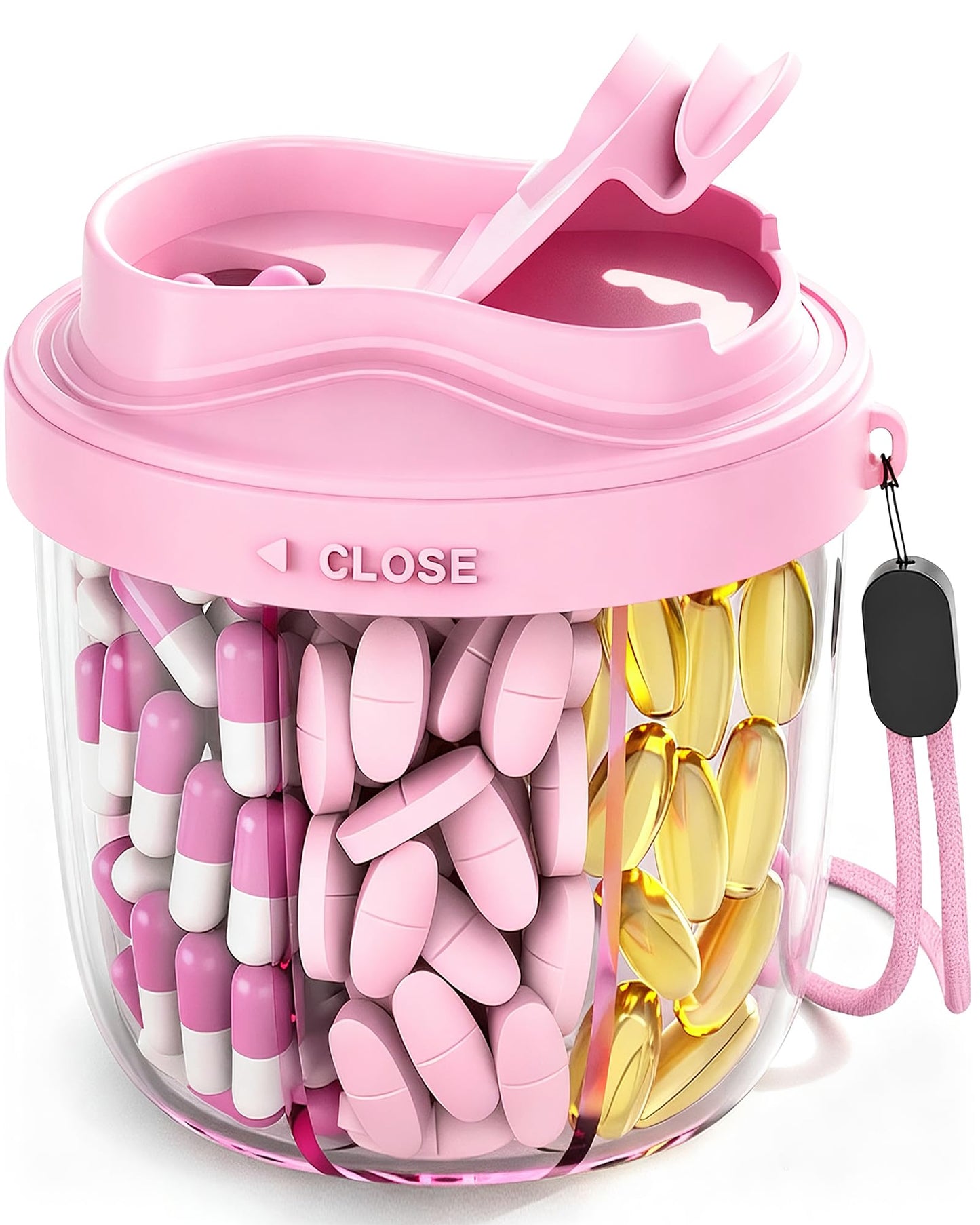 Cute Pill Organizer,Pill Dispenser with 7 Large Compartments,Portable Pill Bottle Box with Wide Opening for Easy Use, Anti-Mix Pills Organizer for Travel,Includes 20 Pcs Sticky Labels(Black) WN420