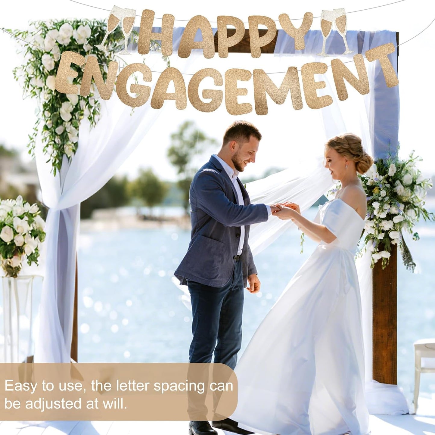 Happy Engagement Banner, Pre-Strung Glitter Engagement Party Decorations Congratulations Engaged Banner Wedding Bachelorette Party Supplies (Champagne Gold) BST202