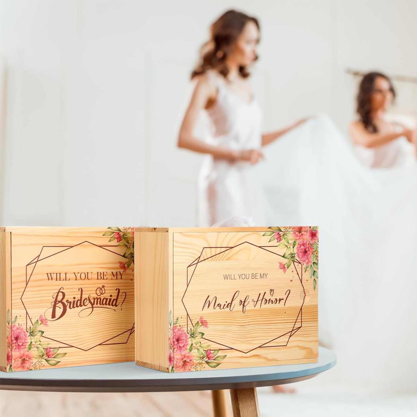 Bridesmaid Proposal Gifts Maid of Honor Proposal Gifts Set Will You Be My Bridesmaid Wooden Gift Box 17oz Glass Tumbler Cup Makeup Bag Compact Mirror Bracelet Diamond Pen for Wedding WN420