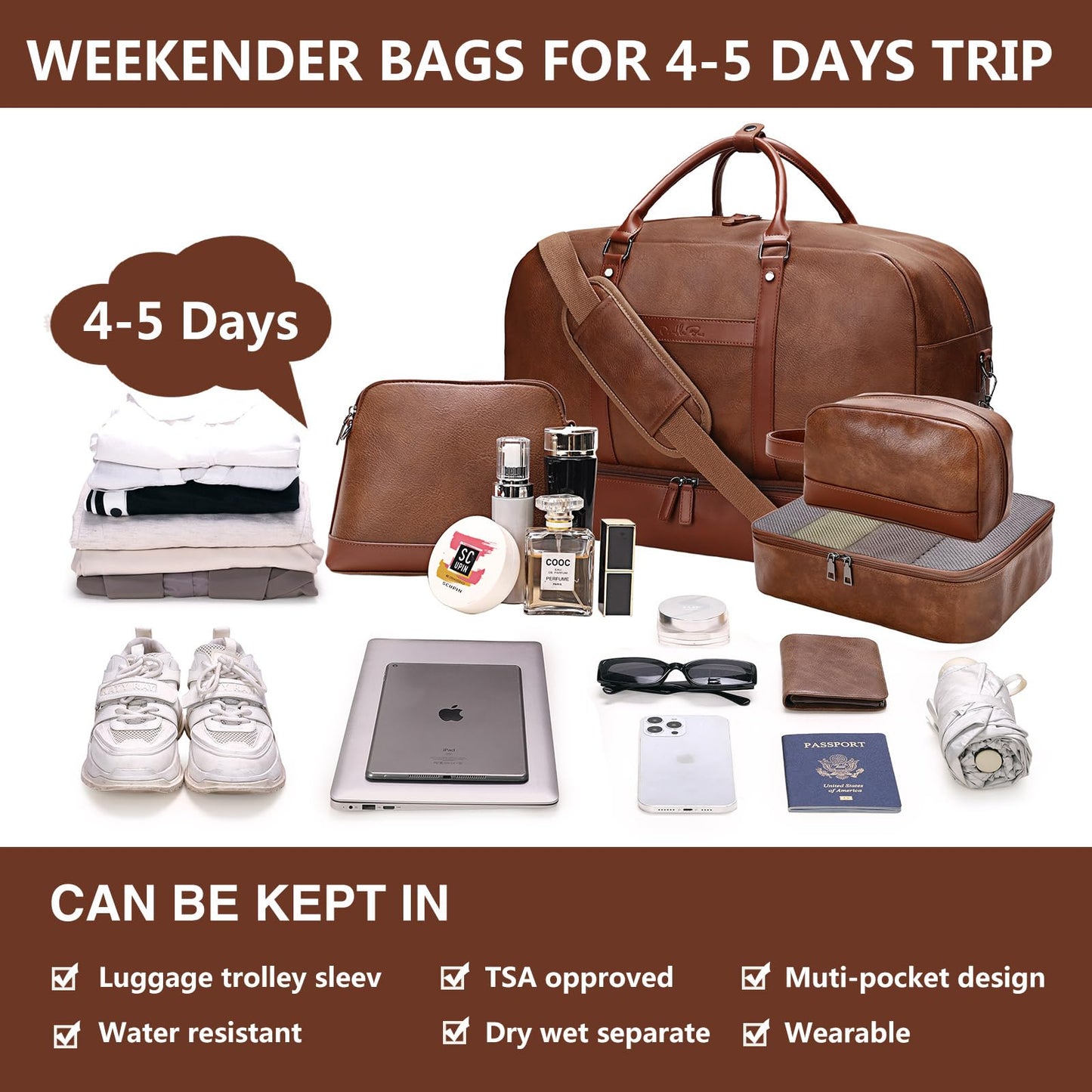 Large 4-in-1 Leather Duffle Bag for Travel Weekender Overnight Hospital Gym Bag for Men & Women, Carry On Airline Approved Personal Item Duffel Garment Bag Luggage with Shoe Compartment & Toiletry Bag BST326H