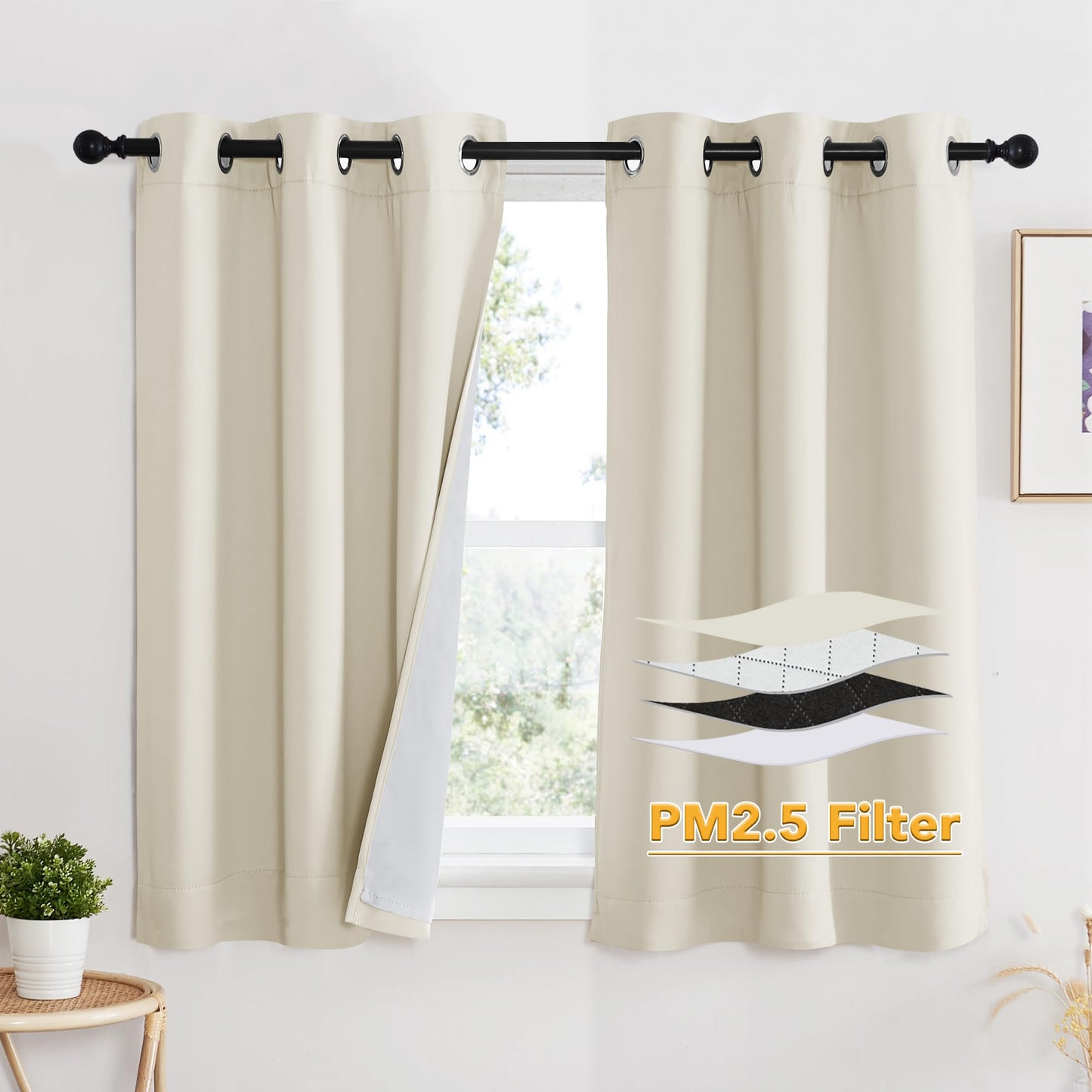 RYB HOME 4-in-1 Dust Filtering Soundproof Blackout Insulating Privacy Window Curtains for Nursery Bedroom Living Room Rivider Sound Absorption Sheet, Black, W52 x L90 inch, 2 Panels BST220