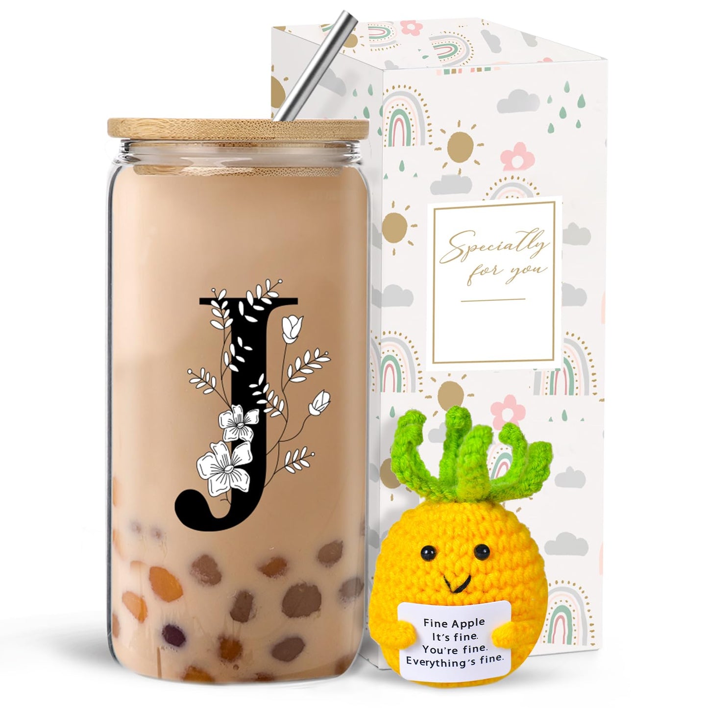 Monogrammed Initial Glass Cup with Lids and Straws gift for Women | Personalized Gift Set with Doll, 16 Oz Ice Coffee Cup ,reusable glass tumbler,Birthday Christmas Gift for Her,U WN420