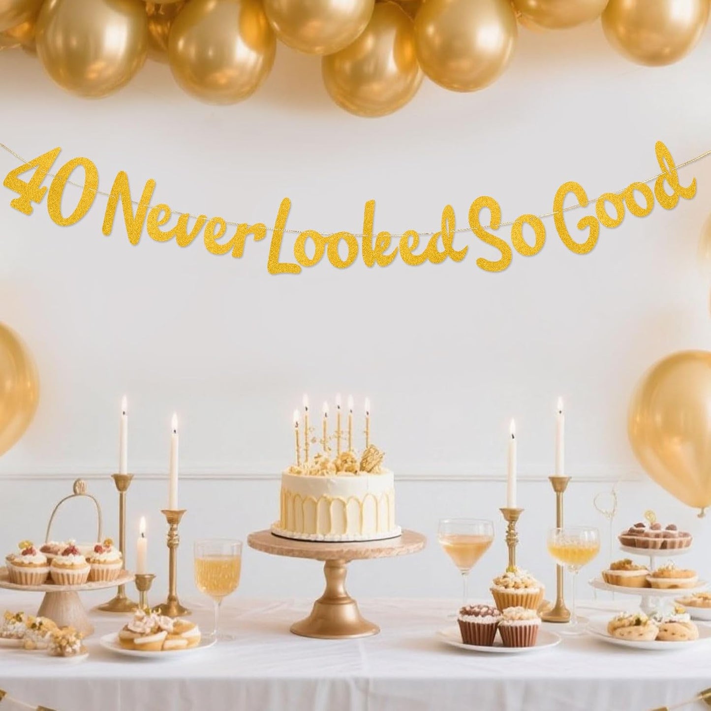 40 Never Looked So Good Banner, Gold Glitter Funny Party Banner Pre-Strung 40th Anniversary Decorations for Anniversary and Birthday Party Decorations WN420