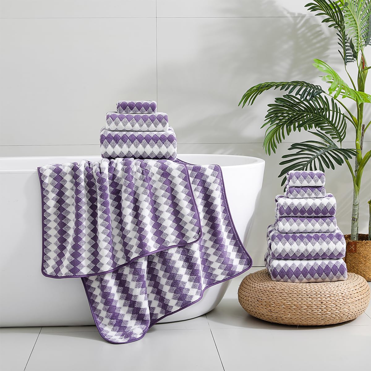 12 Pcs Light Gray Diamond Towel Set-4 Bath Towels,4 Hand Towels,4 Washcloths Soft Polyester Towels with Loop Absorbent Shower Towel Quick Dry Beach Chair Towel Family Towels for Bathroom Spa Gym Pool BST220