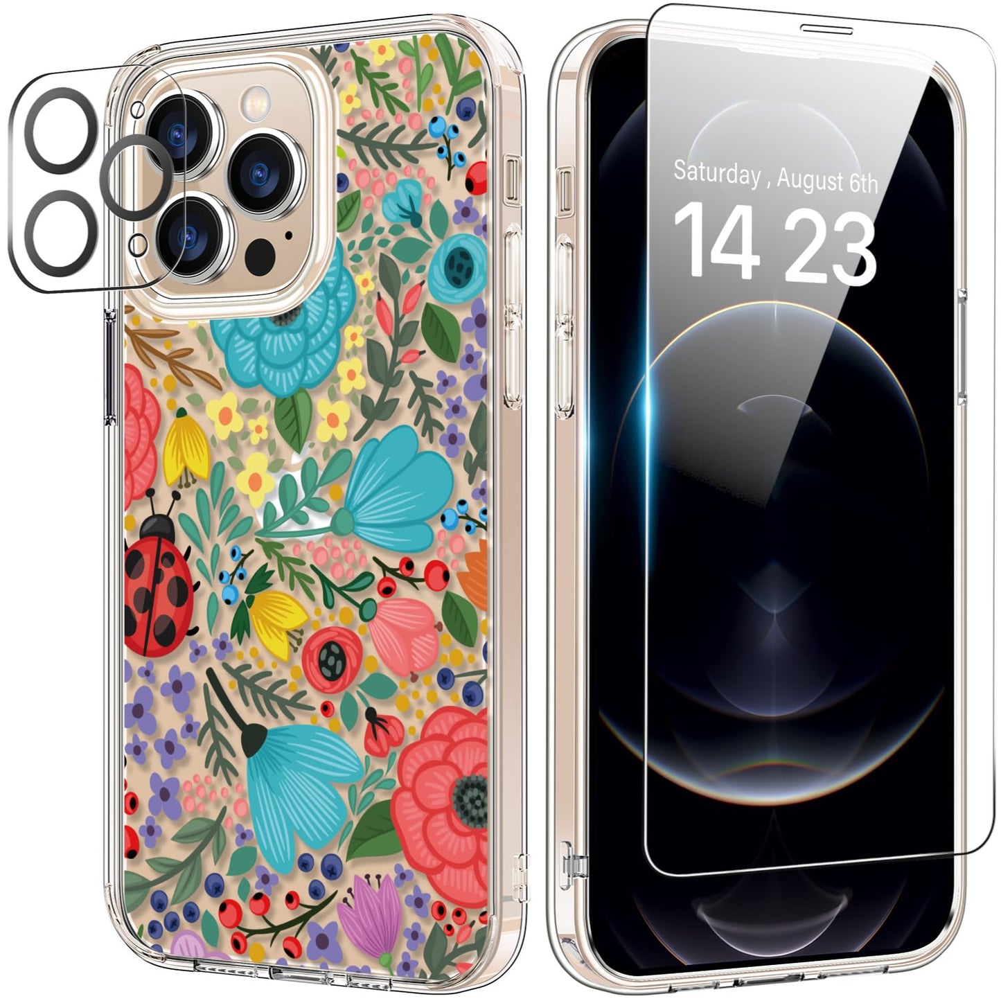 bicol for iPhone 12 Pro Max Case with Screen Protector and Camera Lens Protector - Fashionable Flower Floral Designs for Women Girls - Shockproof Acrylic Clear Phone Cover 6.7" - Blooming Flowers WN420