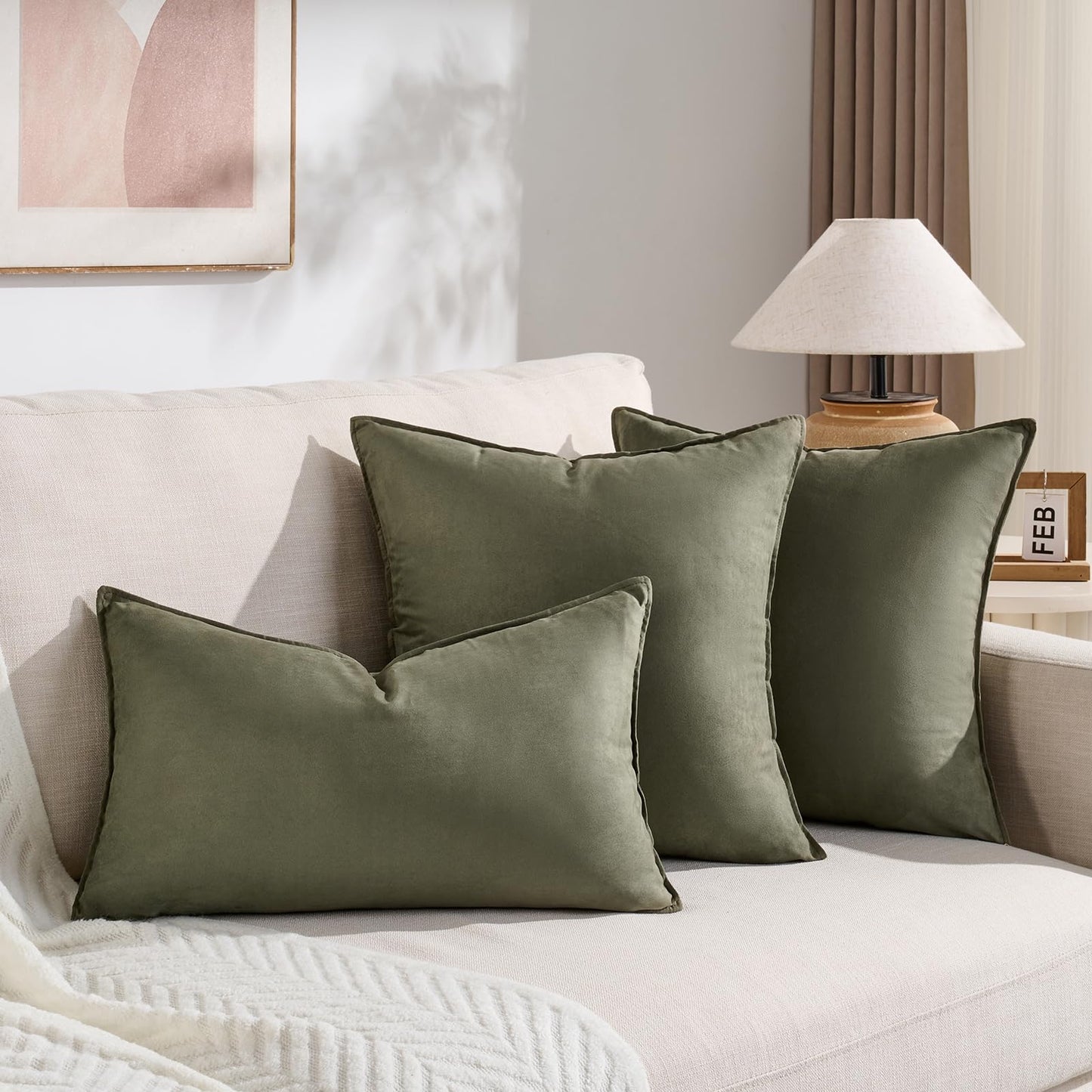 Fancy Homi 4 Packs Olive Green Decorative Throw Pillow Covers 18x18 inch, Super Soft Faux Suede Decor Square Pillow Covers 45x45 cm, Solid Cushion Cover for Couch Living Room Sofa Bedroom BST220