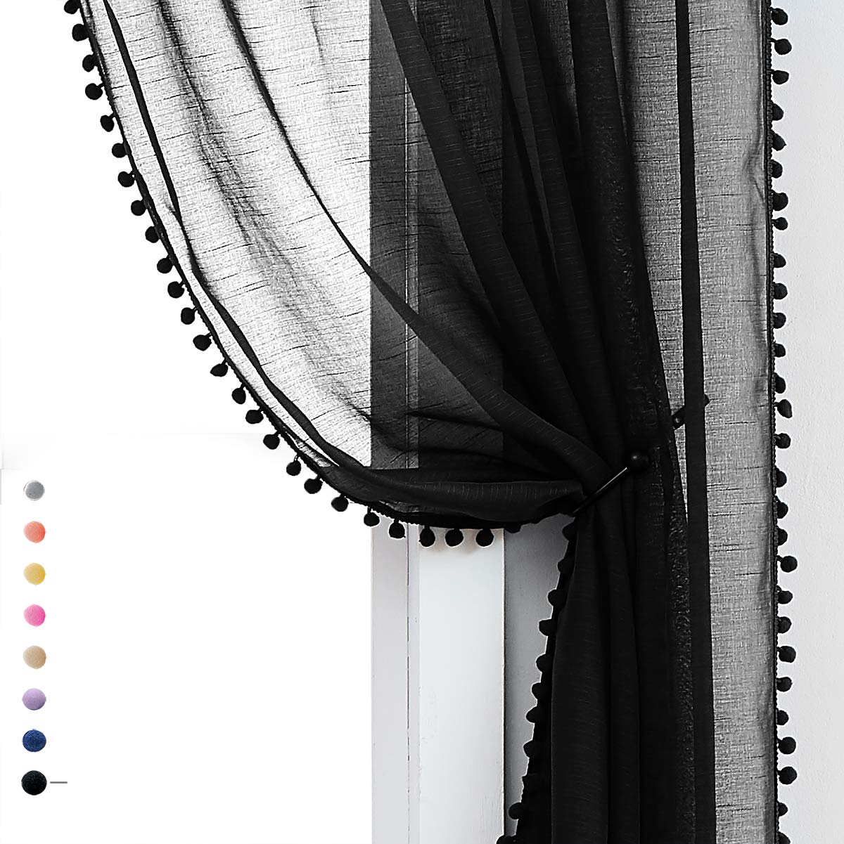 Treatmentex Pom-Pom Grey Sheer Curtains for Bedroom 63" Window Drapes Rod Pocket Textured Sheer Curtain for Kids Room 52" w 2 Panels BST202