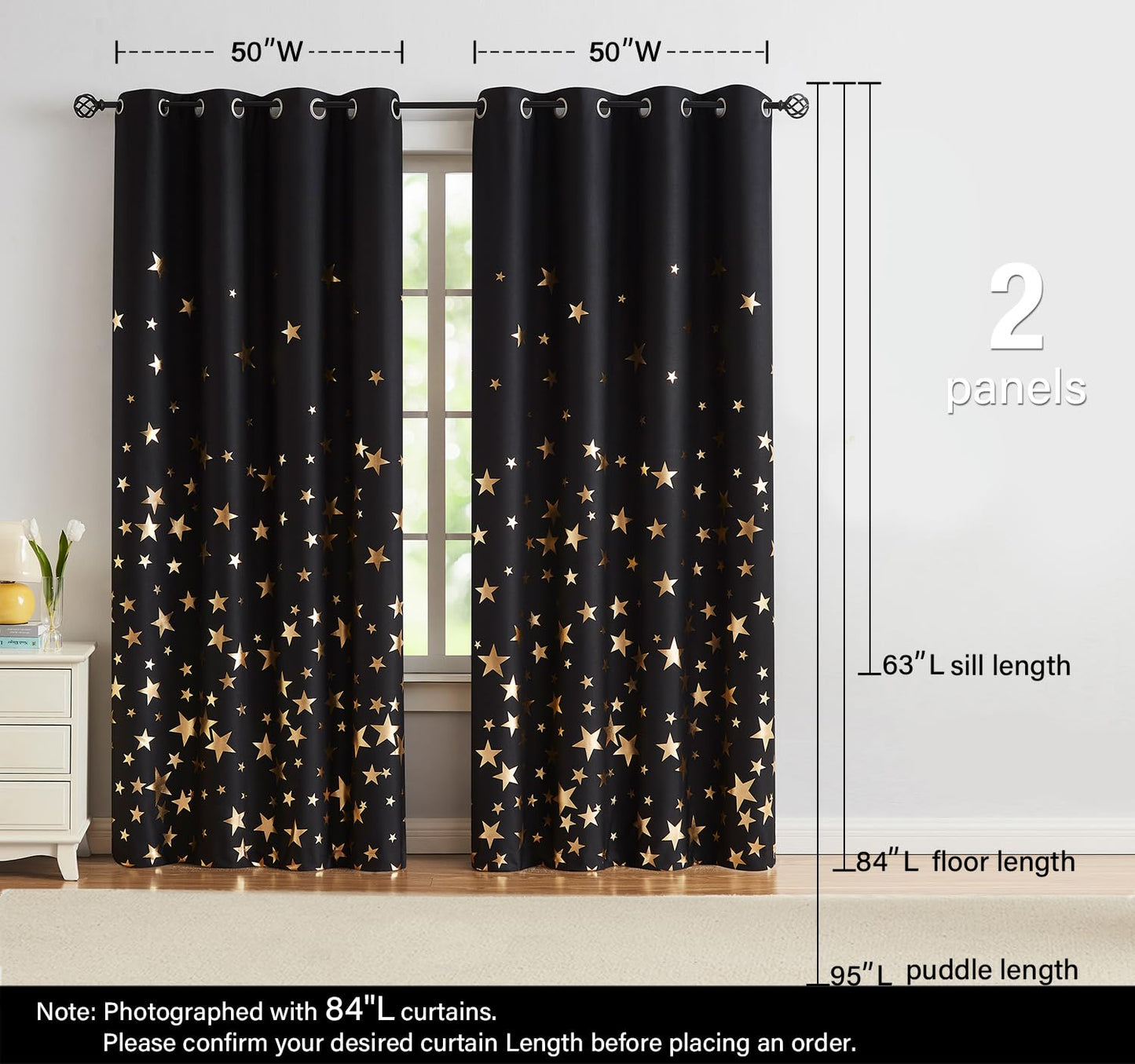 Treatmentex Gold Star Black Full Blackout Curtains for Boys Bedroom, Metallic Window Panels for Baby Nursery Room Grommet Top 2 pcs(Black Gold, 50x63in) BST202