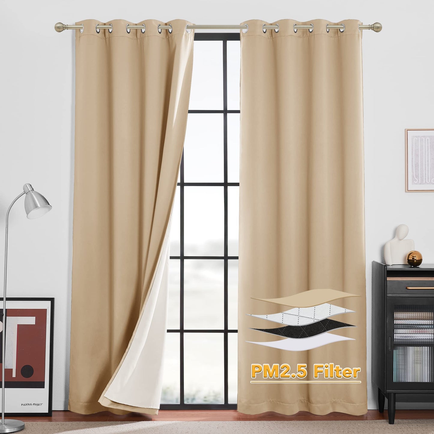 RYB HOME 4-in-1 Dust Filtering Soundproof Blackout Insulating Privacy Window Curtains for Nursery Bedroom Living Room Rivider Sound Absorption Sheet, Black, W52 x L90 inch, 2 Panels BST220
