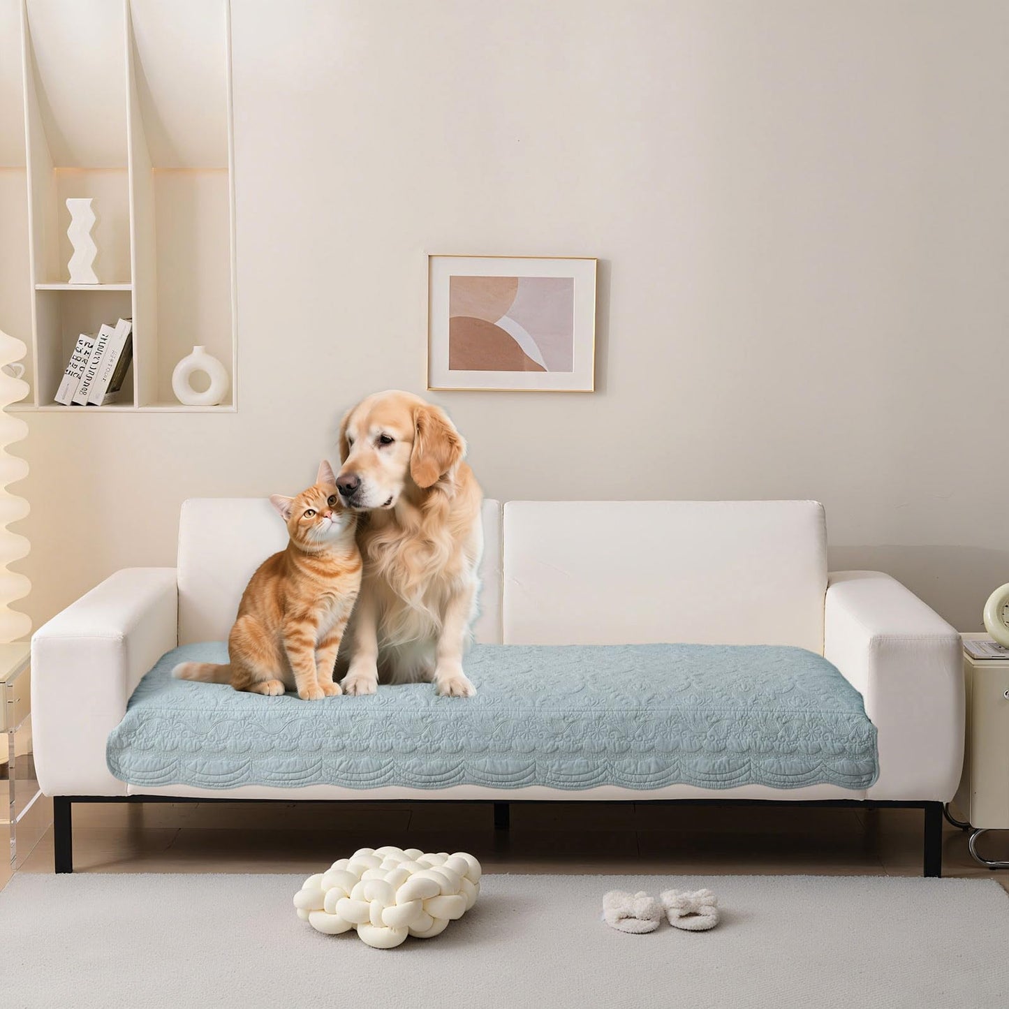 HANDONTIME Fuzzy Dog Couch Cover Washable, Pet-Friendly Sofa Covers Non-Slip Geometric Jacquard Pet Protector Furniture Cover for 3 Cushion Sofa Cozy Fuzzy Dog Mat for Couch (Grey, 35.4" x 70.9") BST202