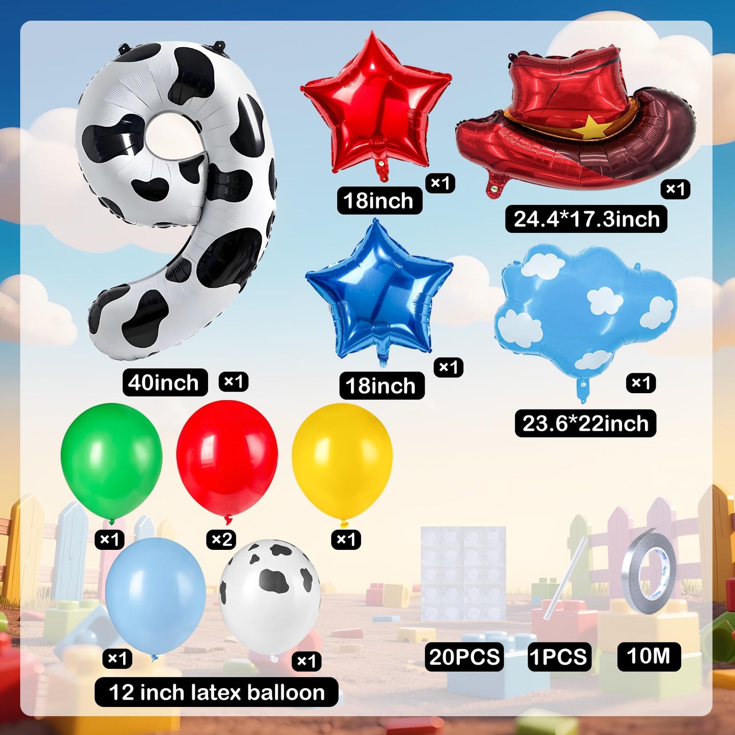 11-Pack Cowboy Theme Balloon Set, Farm Theme Decorations, Balloons with Hats and Clouds, Boys and Girls Birthday Party Supplies (1) BST202