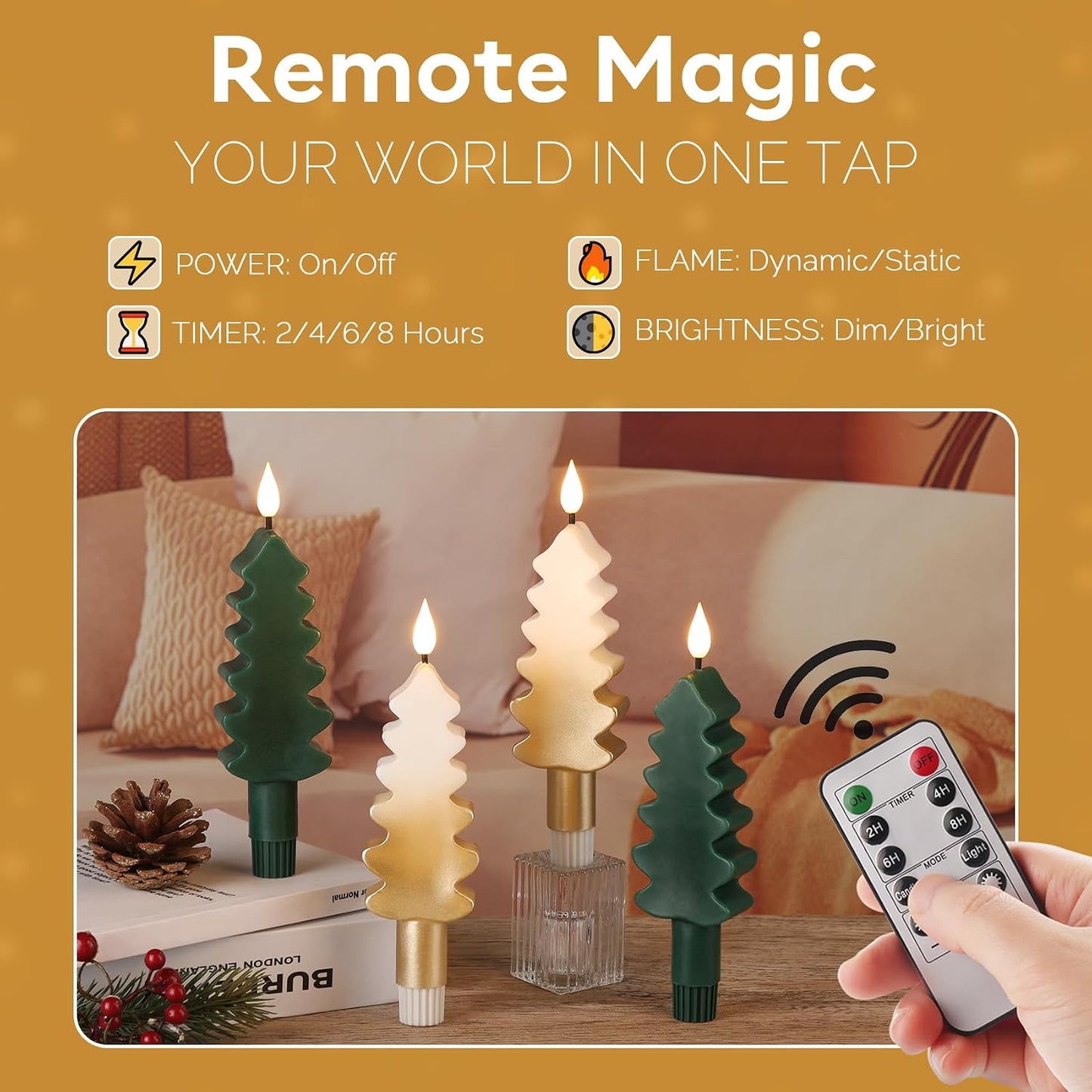 Eywamage Gold Christmas Tree Flameless Taper Candles with Remote, Short Battery Operated LED Wax Candlesticks Set of 4 WN420