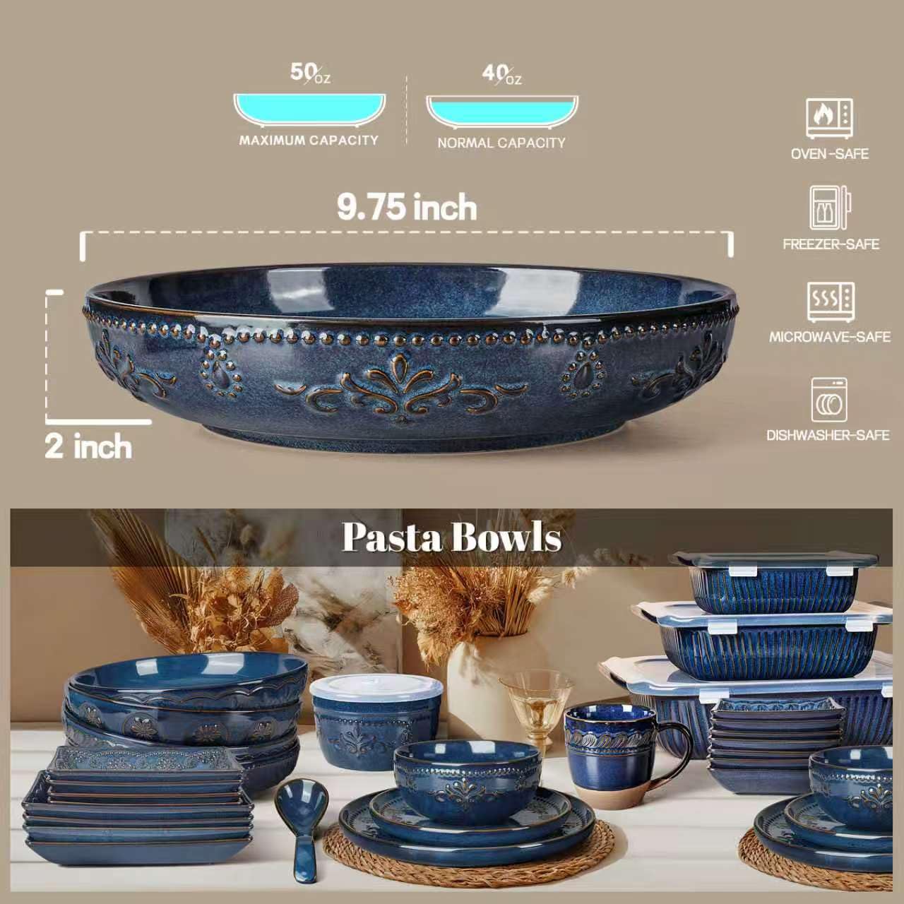 Artena Pasta Bowls, 50oz Large Salad Serving Bowls, 9.75'' Plates Bowls Set of 4, Big White Ceramic Soup Bowls for Kitchen, Embossment Shallow Dinner Bowl, Microwave Dishwasher Safe, Willow Leaf BST326H