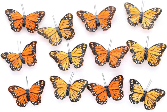 12pcs Monarch Butterflies Monarch Butterfly Decorations Kit with Clip for Dia de Los Muertos Decorations Halloween Decorative Butterflies Handmade Feather Butterfly Plastic - 4 inch KP05C BST220