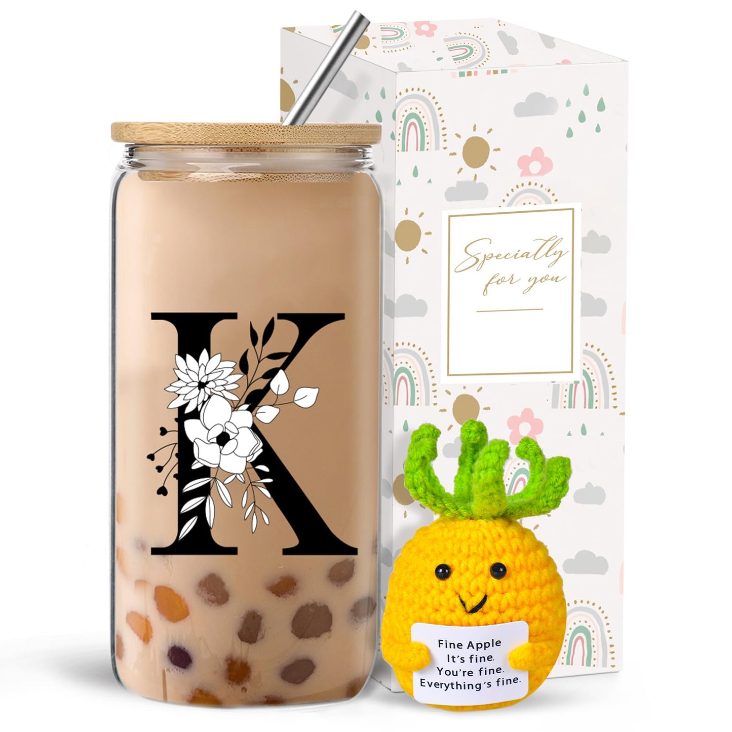 Monogrammed Initial Glass Cup with Lids and Straws gift for Women | Personalized Gift Set with Doll, 16 Oz Ice Coffee Cup ,reusable glass tumbler,Birthday Christmas Gift for Her,U WN420