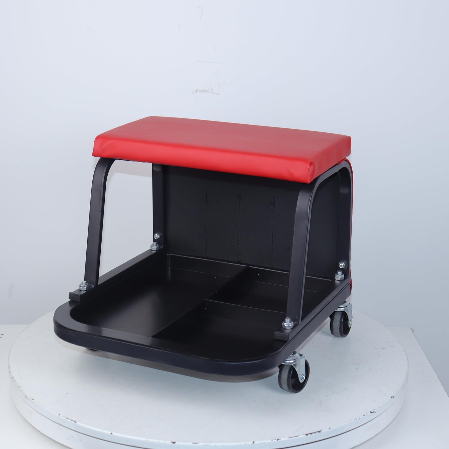 Rolling Mechanic Garage Stool on Wheels with Padded Cushion, Tool Tray Storage and Side Pockets, 300 LBS Capacity, Red BST220