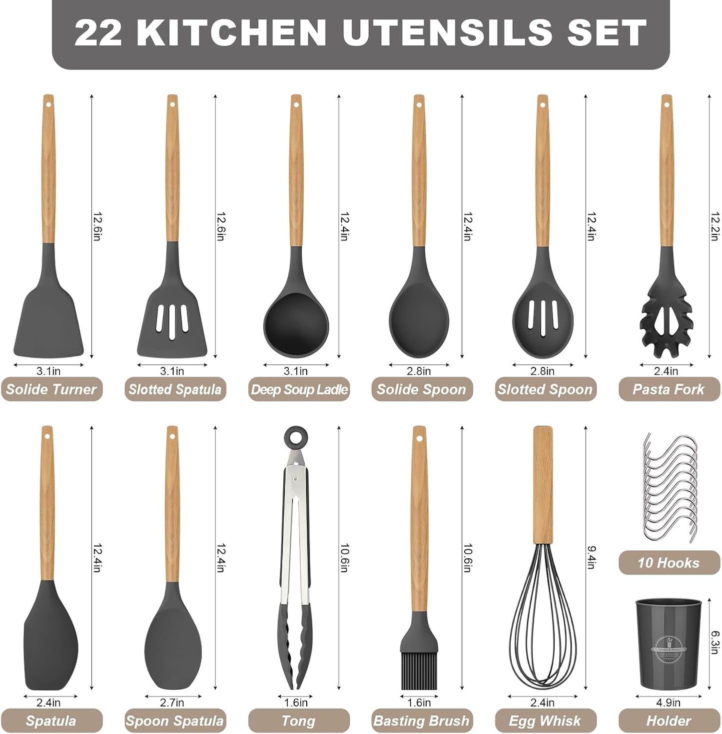 Silicone Kitchen Utensils Set, 22 PCS Silicone Cooking Utensils Set with Wooden Handle, BPA Free, Food Grade Non Stick Coating Spatulas Kitchen Utensils (Grey) BST202