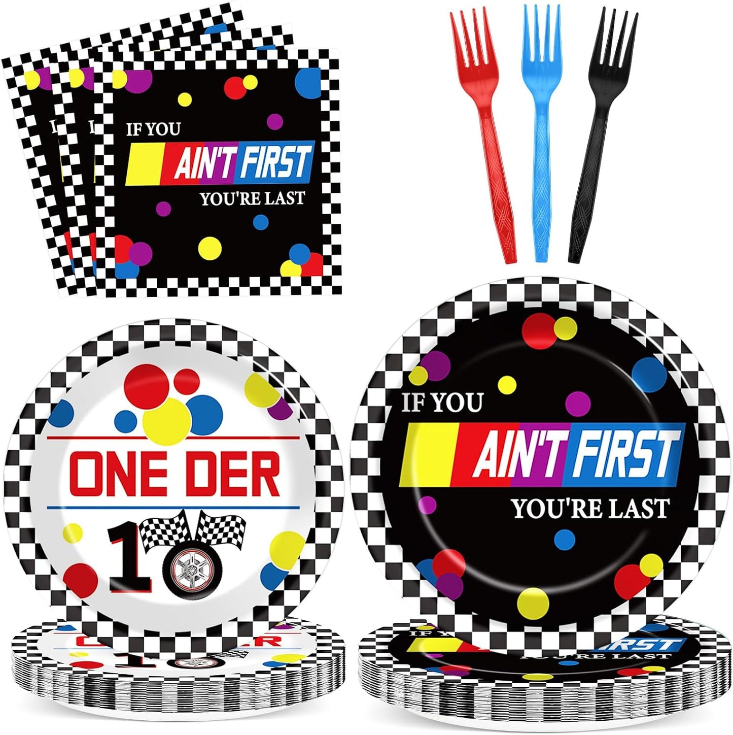 96 Pcs Race Car 1st Birthday Party Plates and Napkins Racing Cars First Birthday Decor Race Car One Year Old Dessert Cake Plates Racing Cars Theme Tableware Set for Kids Boy Party Decor 24 Guests BST202