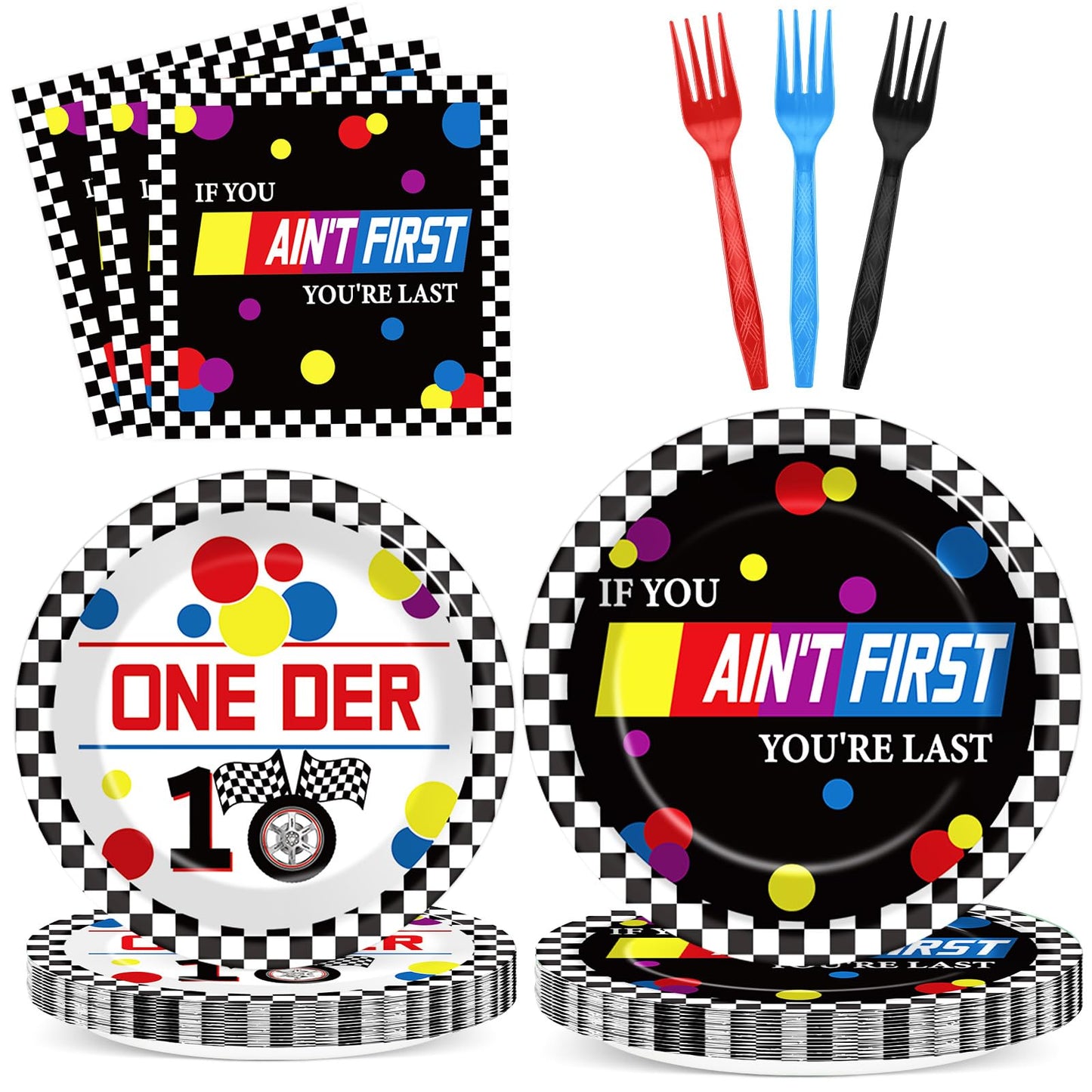 96 Pcs Race Car 1st Birthday Party Plates and Napkins Racing Cars First Birthday Decor Race Car One Year Old Dessert Cake Plates Racing Cars Theme Tableware Set for Kids Boy Party Decor 24 Guests BST202