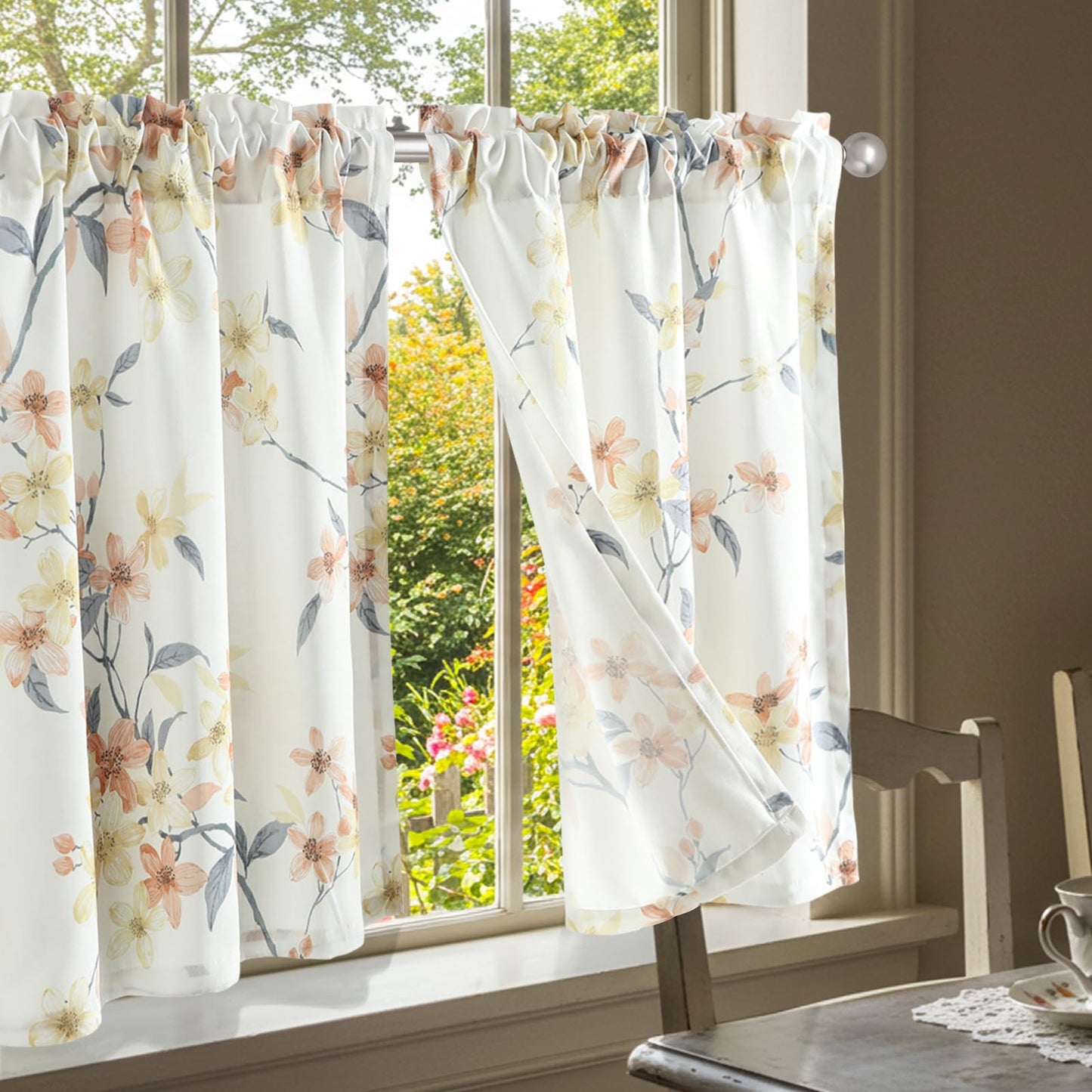 Leeva Farmhouse Kitchen Valances for Windows, Watercolor Blossoming Floral Print Curtains, Soft Faux Linen Curtain Toppers and Valances for Bedroom, 60 x 14 Inch, Brown & Grey, 1 Panel BST220