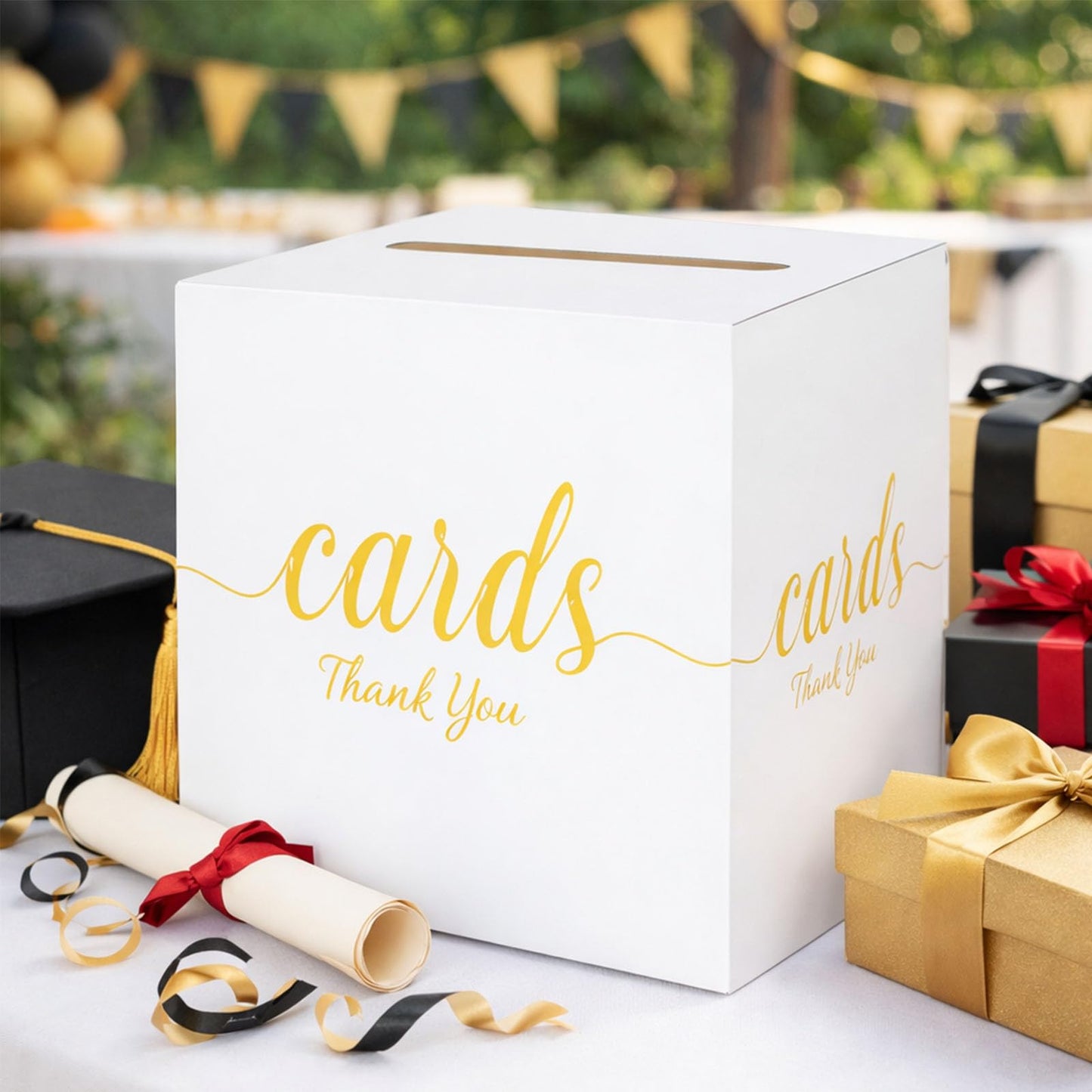 1 Pack White and Gold Wedding Card Box for Party Graduation Bridal Baby Shower Retirement Decorations Cardboard Birthday Card Holder Raffle Ballot Voting Box with Slot 7.8 x 7.8 x 7.8 In BST220