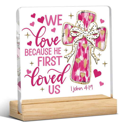 Valentines Day Decorations, Valentines Day Gifts for Her Him, Gift for Boyfriend Girlfriend Husband Wife, John 3:16 Pink Lover Bow Christian Acrylic Sign with Wooden Stand, Bedroom Office Desk Decor