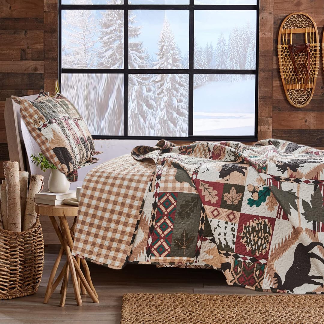 Rustic Moose Quilt Set King Size Lodge Quilt Lightweight Summer Cabin Bedspread Country Bedding Forest Bear Fish Pine Coverlet Daybed Cover Blanket Woodland Home Decor-Brown White BST220