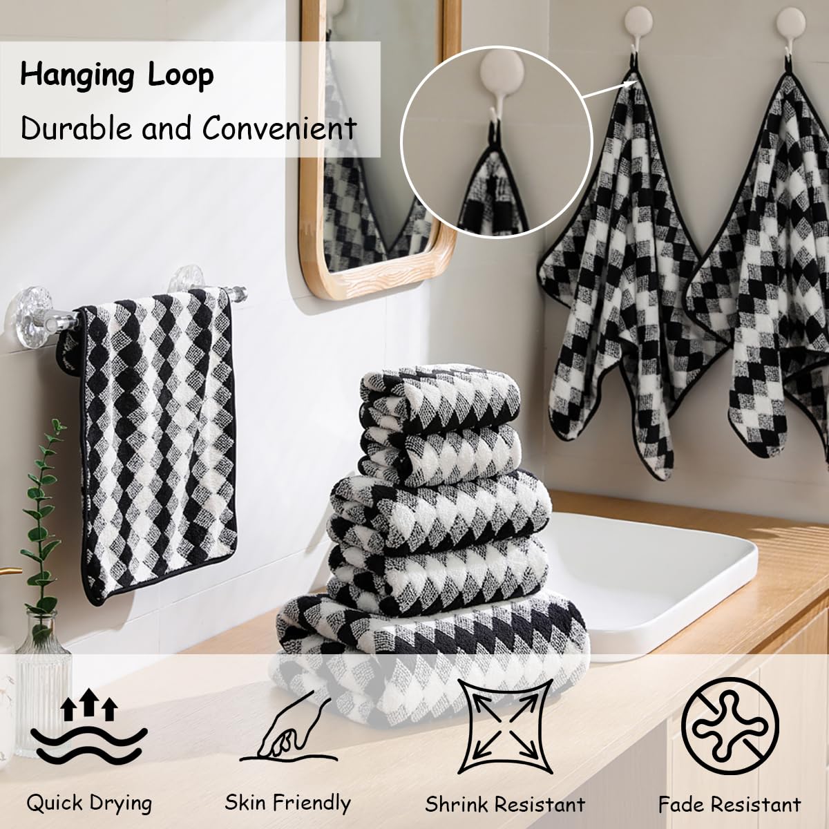 12 Pcs Light Gray Diamond Towel Set-4 Bath Towels,4 Hand Towels,4 Washcloths Soft Polyester Towels with Loop Absorbent Shower Towel Quick Dry Beach Chair Towel Family Towels for Bathroom Spa Gym Pool BST220