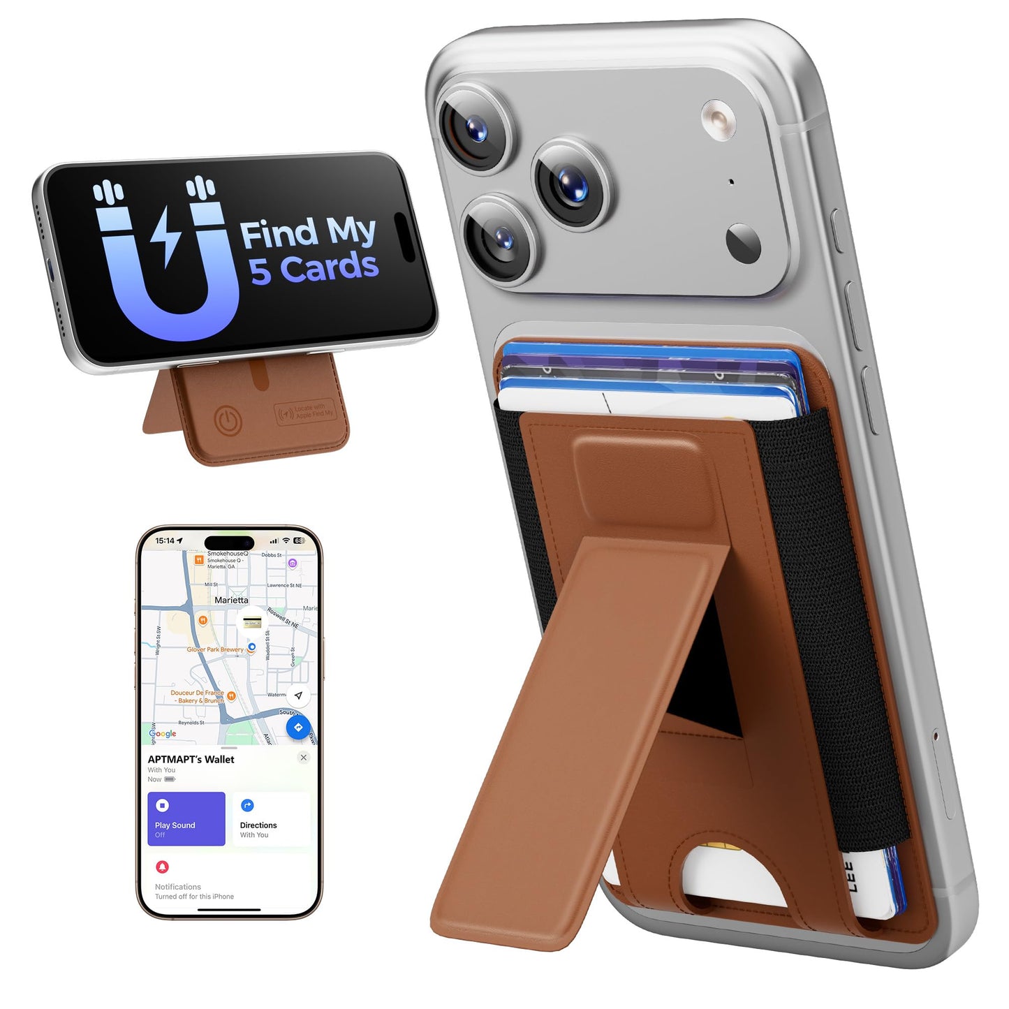 for MagSafe Wallet, Works with Apple Find My, 5-Card RFID Holder with Stand Also Grip, Strong Magnetic Wallet for iPhone 17/16/15/14/13/12 Pro Max Air Plus, Wireless Charging, Brown BST220