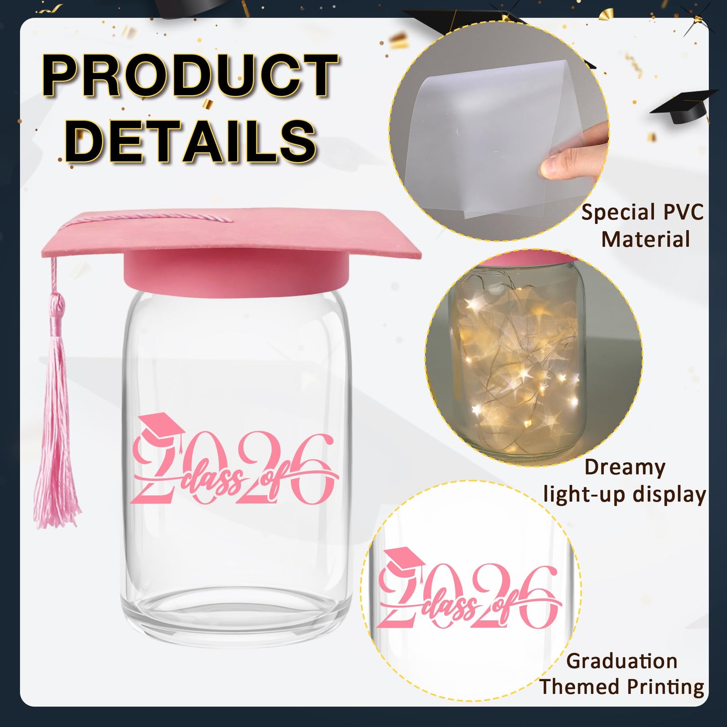 3 Sets 2026 Graduation Centerpieces for Tables, Glowing Mason Jar Centerpieces with Graduation Caps, Glowing Money Jars for College High School Congrats Grad Party Decor Supplies WN420