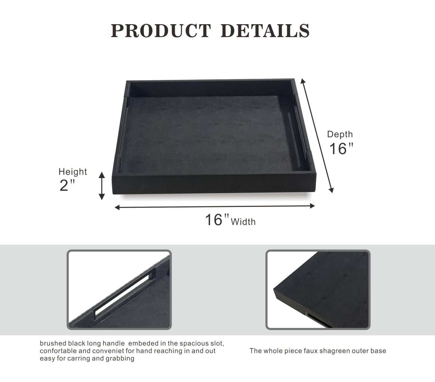 Sagala 16"x16" Ivory Shagreen Leather Serving Tray with Handles for Ottoman Coffee Table, Stylish Decorative Tray for Living Room Modern Home Decor (Ivory-Black, Square 16") BST220