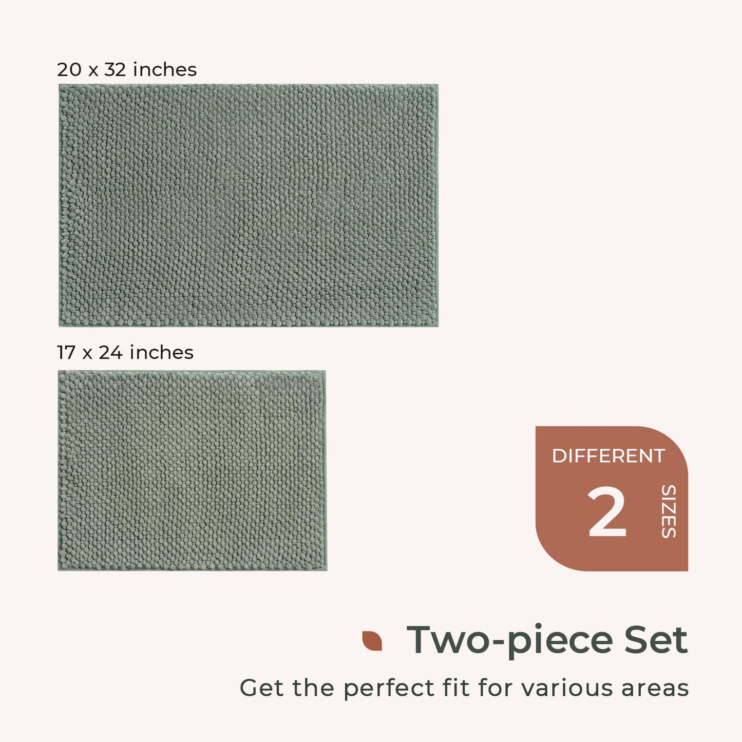 FRESHMINT Chenille Bathroom Rugs Sets 2 Piece 17"x24"+20"x32", Non-Slip Bath Mats, Absorbent Bath Rug, Washable Set of 2 Shower Floor Mat, Gray BST220