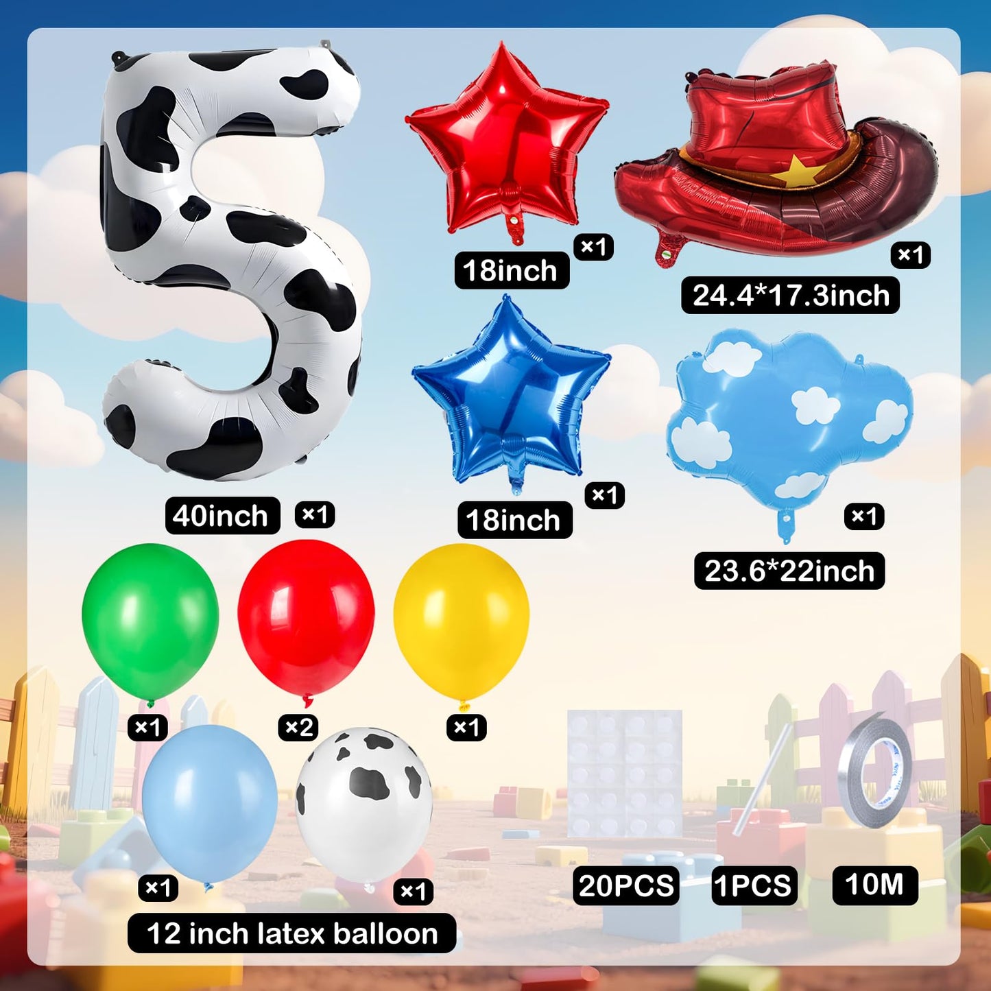 11-Pack Cowboy Theme Balloon Set, Farm Theme Decorations, Balloons with Hats and Clouds, Boys and Girls Birthday Party Supplies (1) BST202