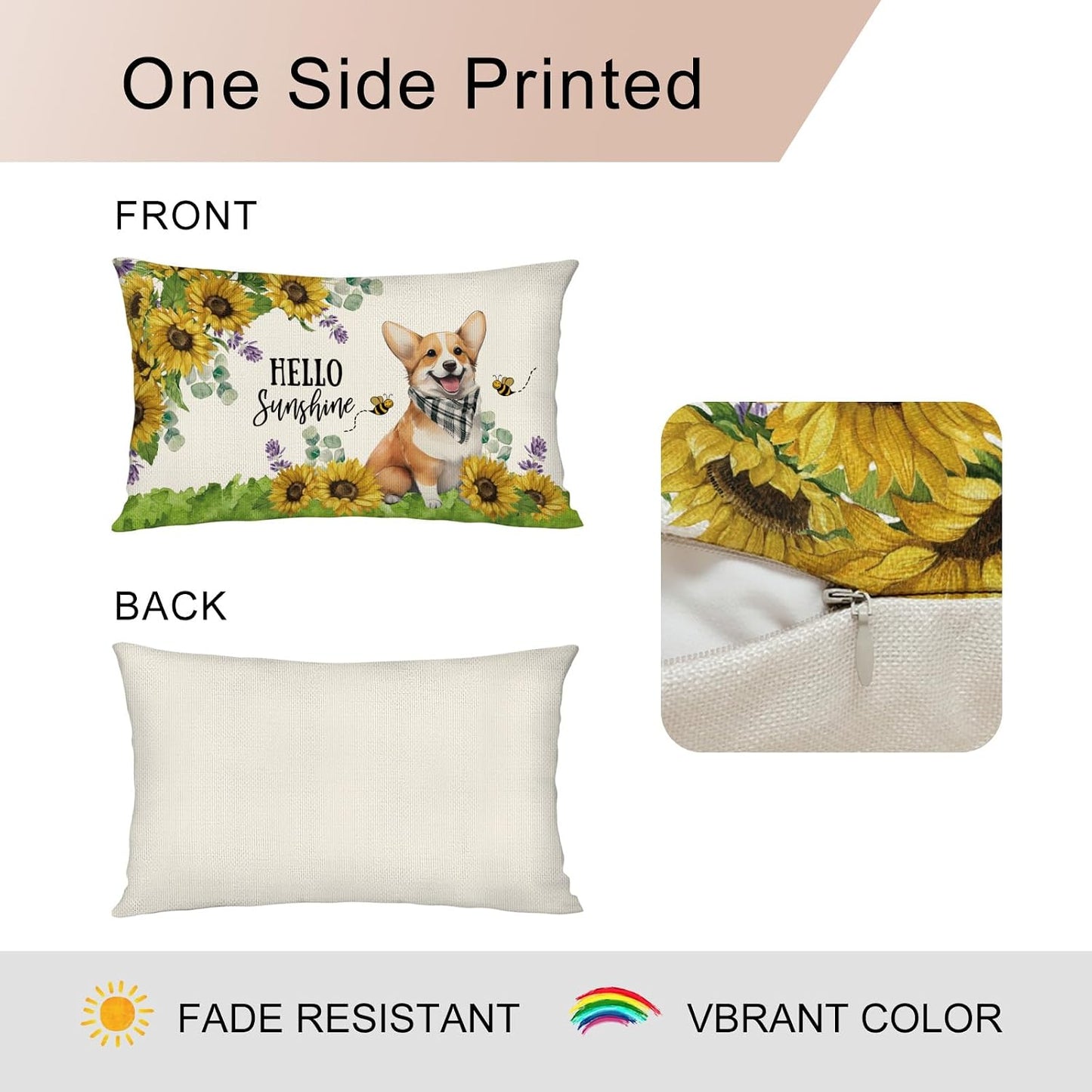 Sunflower Corgi Dog Lumbar Throw Pillow Cover 12x20 Inch Summer Cushion Case Decoration for Sofa Couch BST202