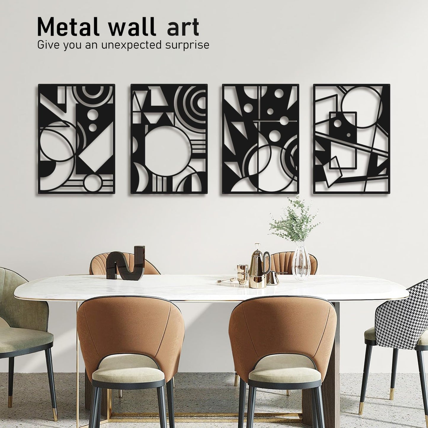 Bakovity Black Abstract Wall Art, Metal Art Wall Decor, Large Geometry Art, Modern 3D Abstract Wall Sculptures for Bedroom Bathroom Living Room (4 Pack, 16 x 11 in) BST220
