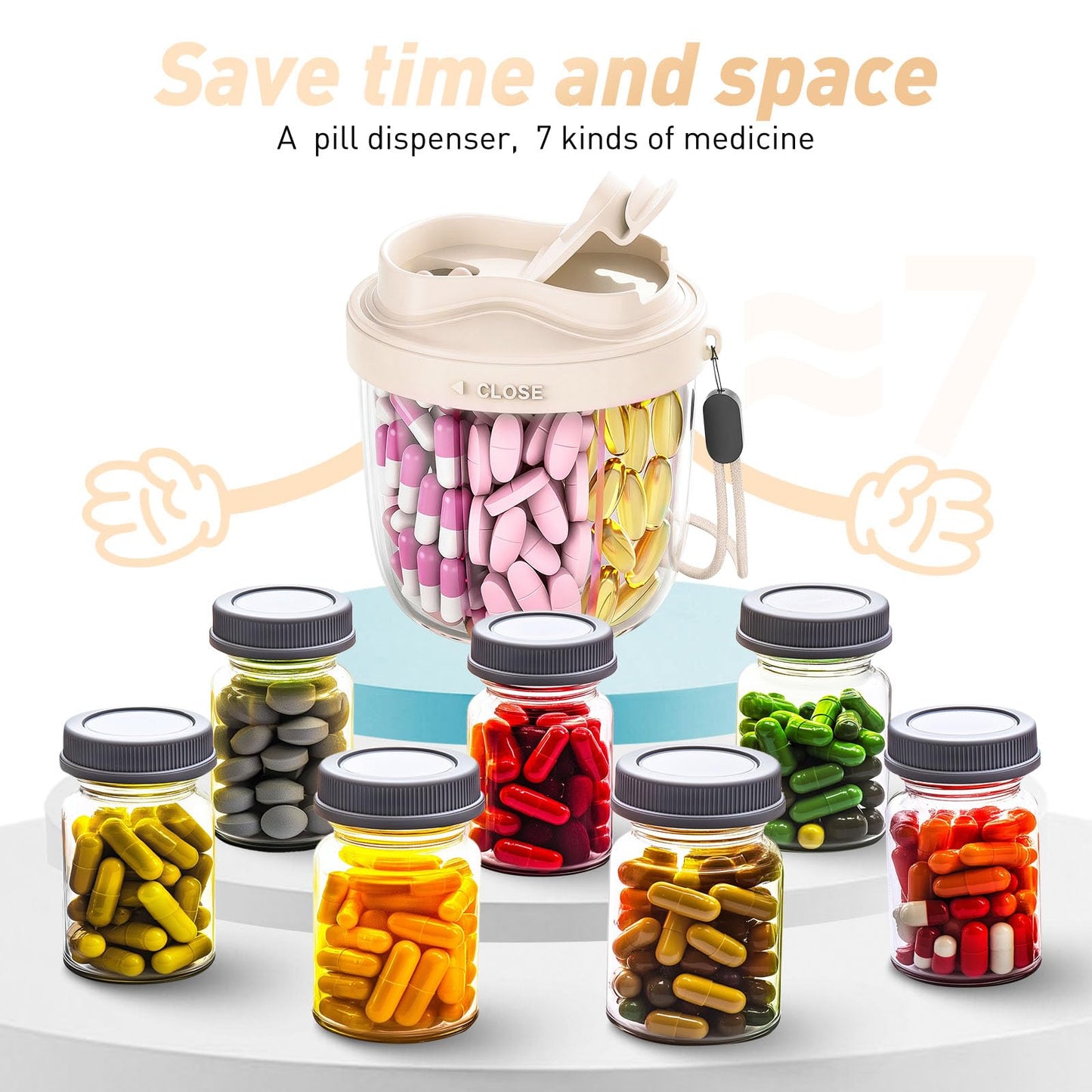 Cute Pill Organizer,Pill Dispenser with 7 Large Compartments,Portable Pill Bottle Box with Wide Opening for Easy Use, Anti-Mix Pills Organizer for Travel,Includes 20 Pcs Sticky Labels(Black) WN420