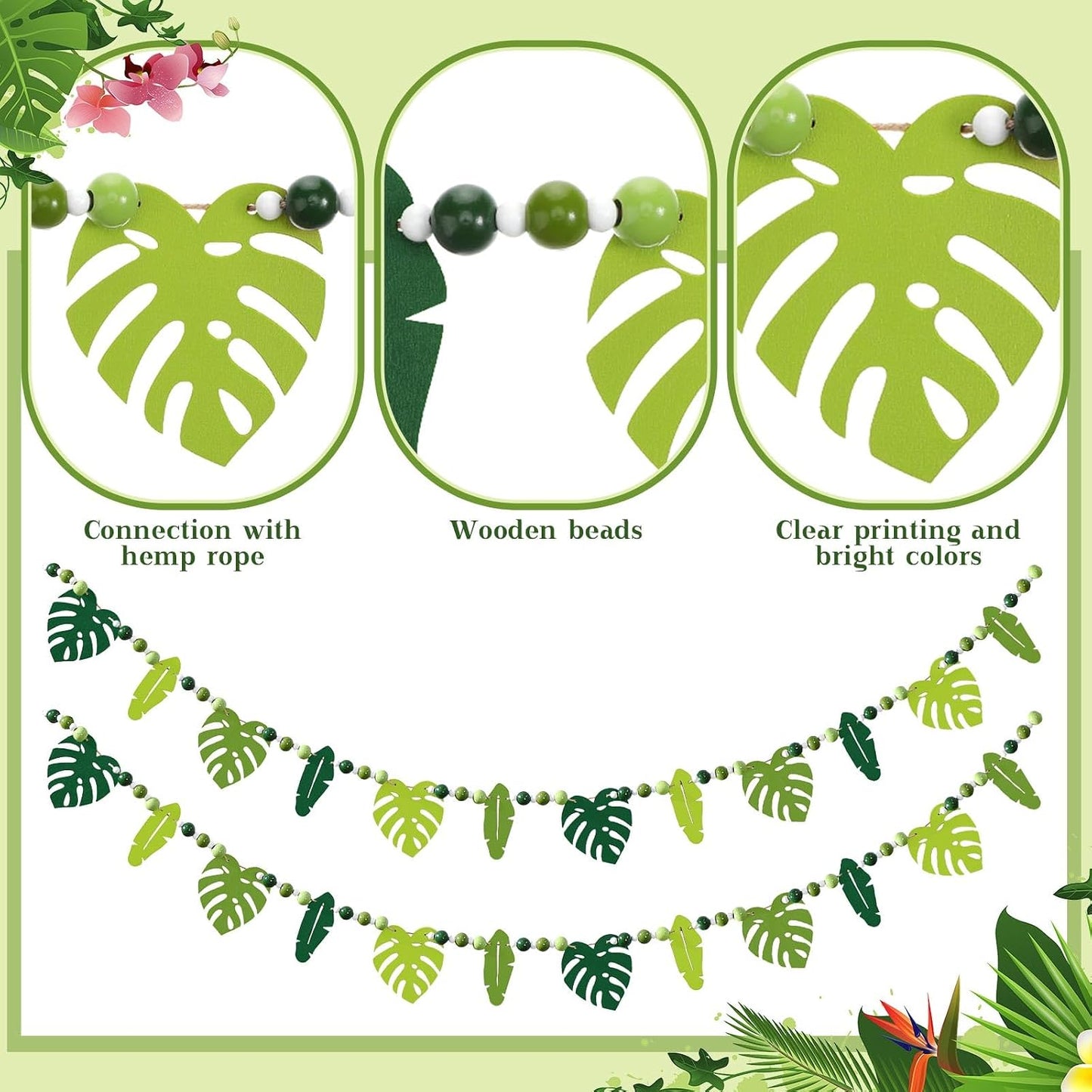 Chunful 2 Pcs Tropical Monstera Garland 6.56 ft Wood Palm Leaf Beads Banner Summer Hanging Garland for Hawaiian Luau Jungle Party Wall Fireplace Shelf Mantle Display Farmhouse Decor Home Supplies BST326L
