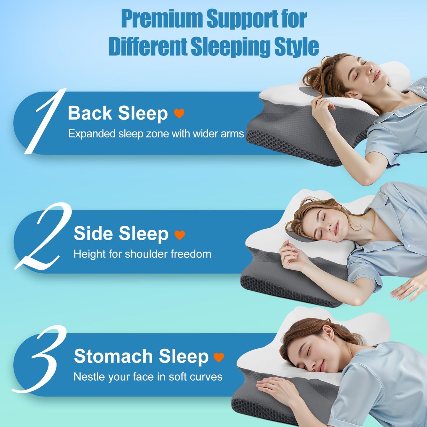 Cervical Neck Pillow for Sleeping, Memory Foam Pillow for Neck Support, Ergonomic Pillow for Pain Relief, Contour Bed Pillow for Side Back Stomach Sleepers, Grey, Queen Size BST220