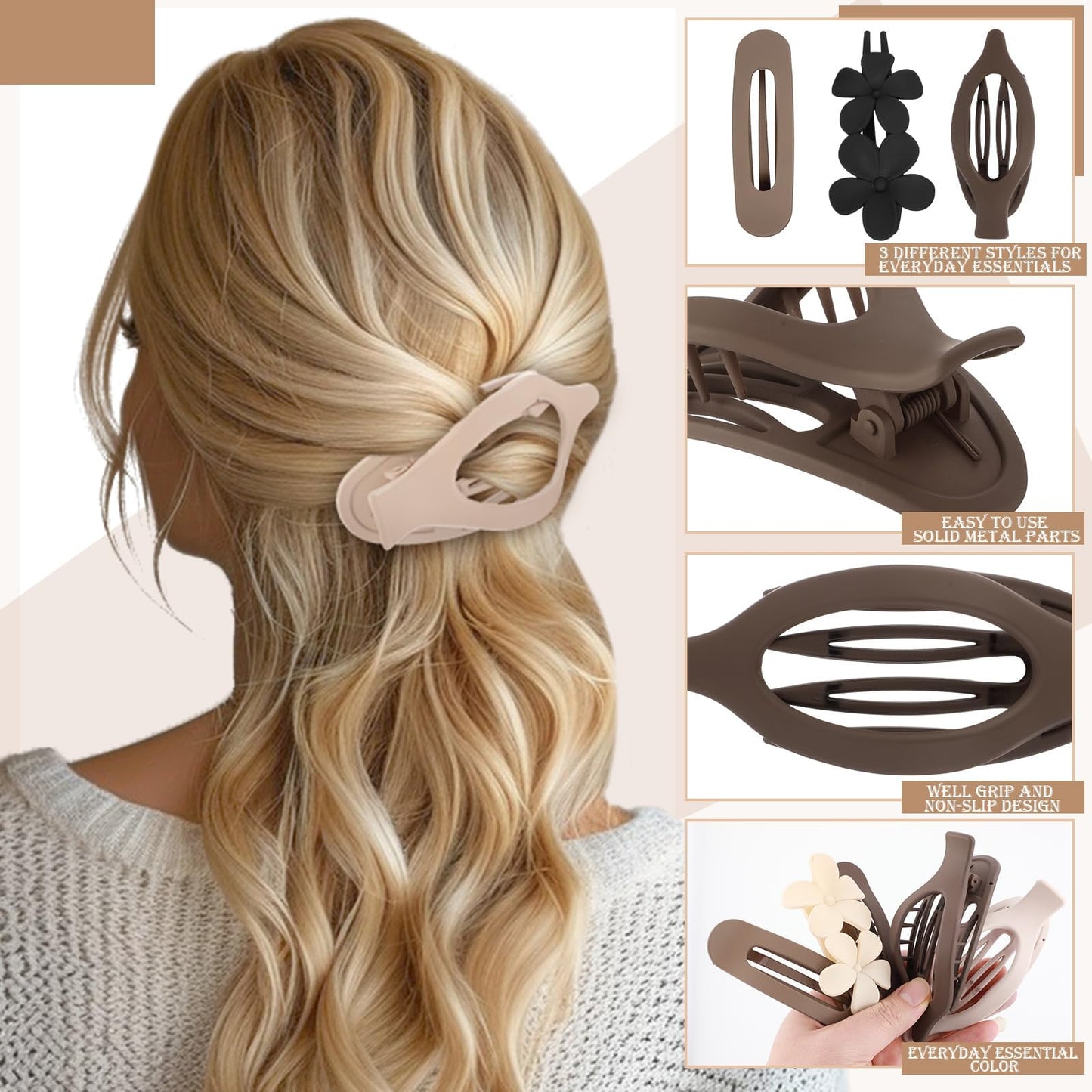 8 Pcs Flat Hair Clips for Women, 2 Styles Large Flat Claw Clips for Women, Strong Hold Non-slip French Hair Clips for Thick Thin Hair, Neutral Color WN420