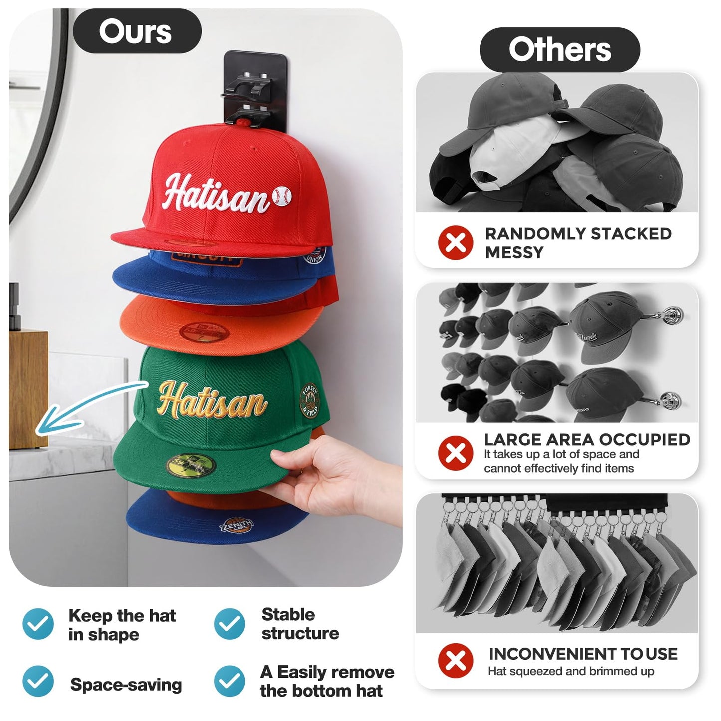 Hat Hook for Wall, 2 Pack Hat Organizer Hold up to 20 Hats,Hat Holder with Strong Adhesive and 8 Pack Screws, Cap Holder Hat Hangers for Wall Closet Door and Bedroom(B-Black) BST220