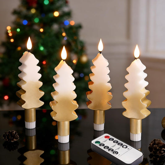Eywamage Gold Christmas Tree Flameless Taper Candles with Remote, Short Battery Operated LED Wax Candlesticks Set of 4 WN420
