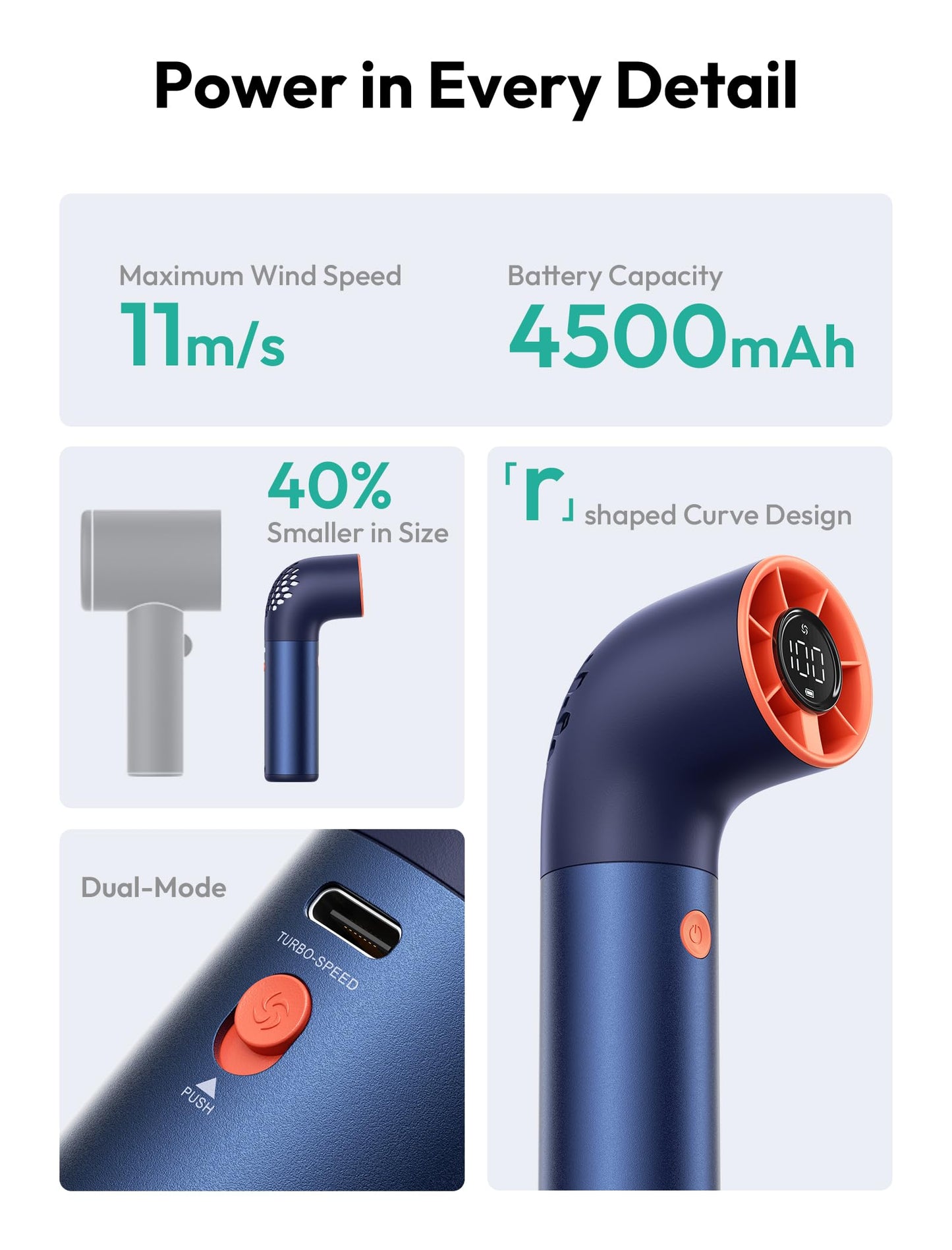 Aecooly Portable Handheld Fan, Powerful Turbo Air Tube Fan, 19000 RPM High Speed Aero Pro, 15H Max Cooling Time, 6 Speeds Aluminum Case, Mini Pocket Design, for Travel Beach Outdoor Activities -Blue WN420