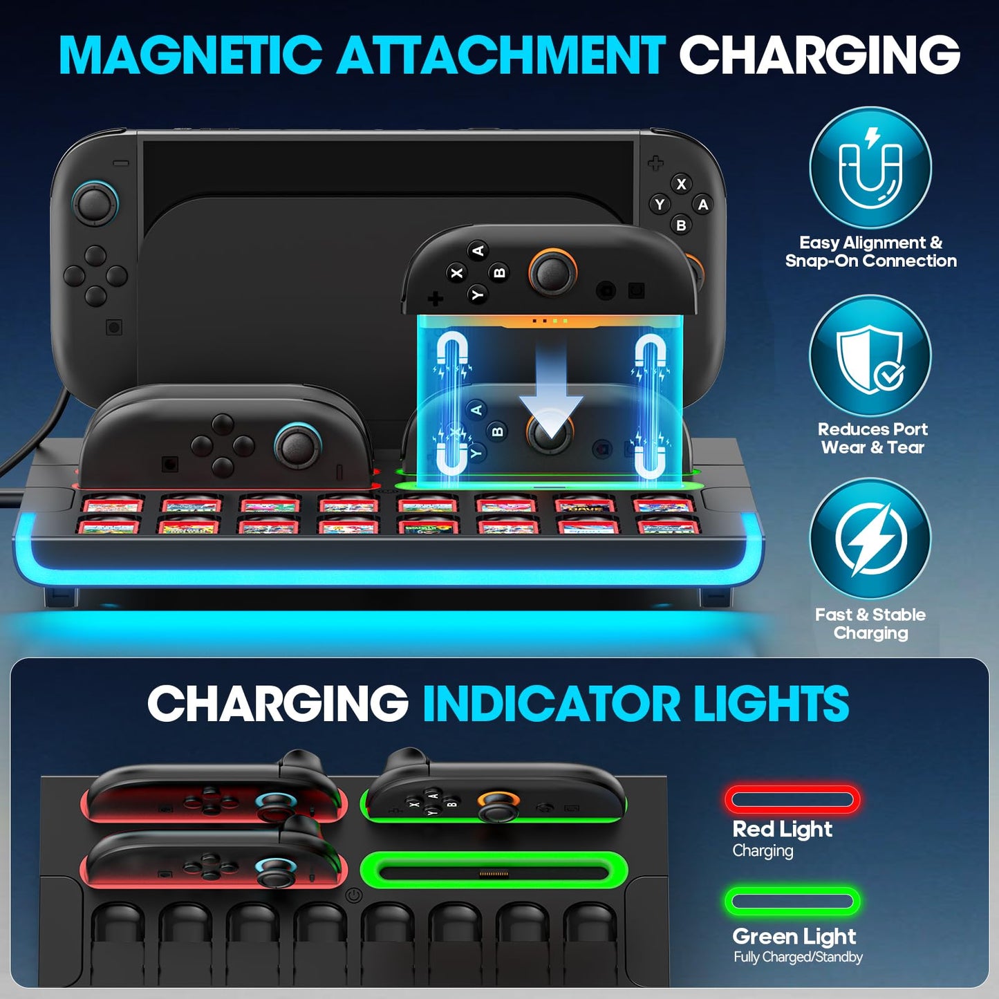 Switch 2 Dock Organizer Station with Joycon2 Charger, 4 Charging Dock for Switch2 Joycons, Storage for 16 Switch2 Games & 16 Game Cases, Pro Controllers & Switch 2 Console Dock Organizer Accessories WN420