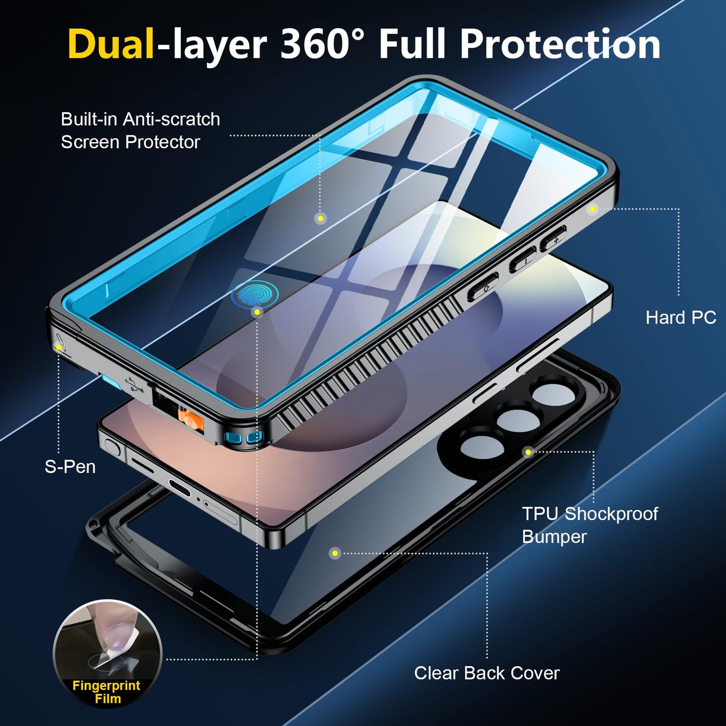 SPIDERCASE Designed for Samsung Galaxy S23 Case Waterproof,Built-in Screen & Camera Lens Protector[IP68 Underwater][Military Grade Shockproof] Full Body Protection Phone Case, Black/Clear WN420