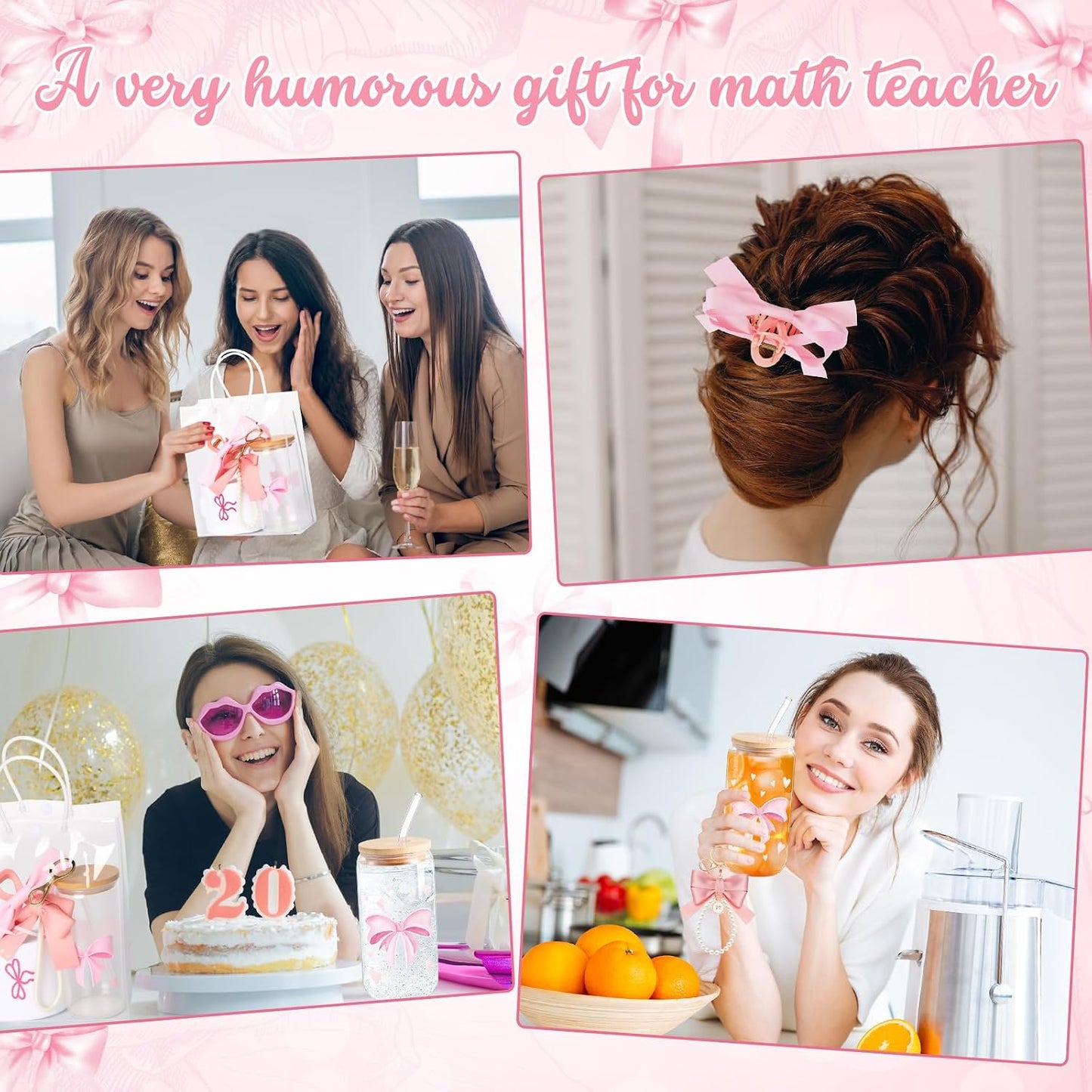 5 Pcs Mother's Day Pink Bow Gift Set with Cute Bow Keychain, Aesthetic Cup, Socks, Clear Gift Bag, Bows Claw Clips Coquette Stuff for Girls Women Friends Birthday BST326H