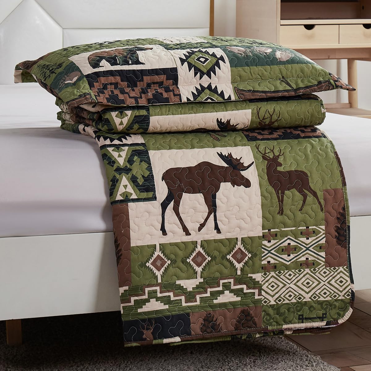 Rustic Moose Quilt Set King Size Lodge Quilt Lightweight Summer Cabin Bedspread Country Bedding Forest Bear Fish Pine Coverlet Daybed Cover Blanket Woodland Home Decor-Brown White BST220