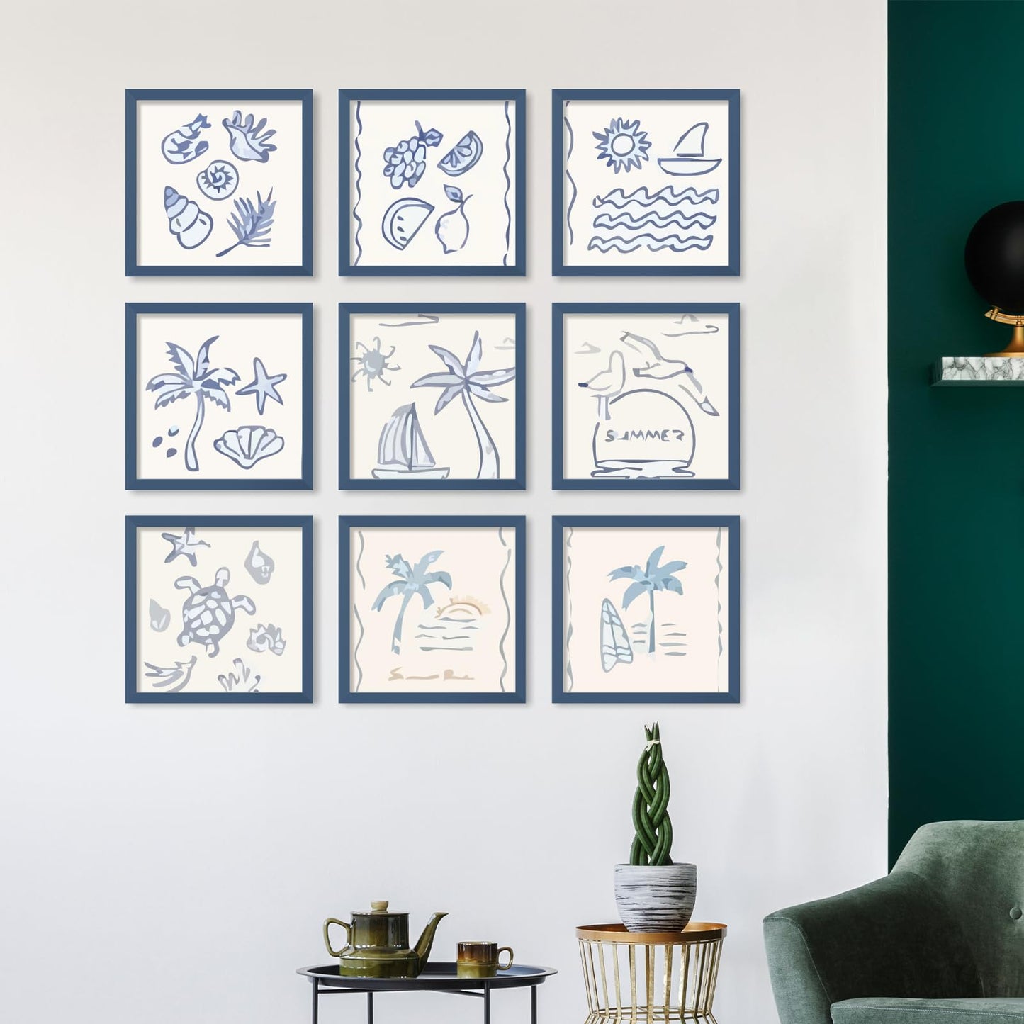 YESKAY 8x10 Picture Frame Set of 9, Display Pictures 5x7 with Mat or 8 x 10 Without Mat, Multi Photo Frames for Wall Mounting or Table Top Display, Blue BST326H