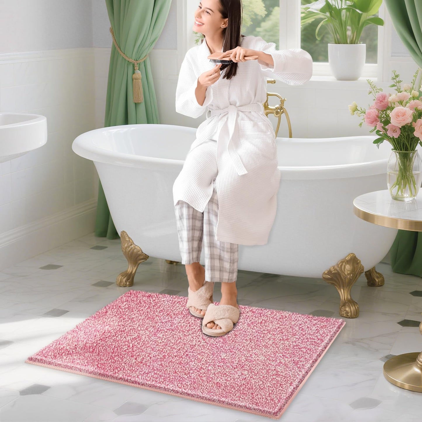 HDFK Bathroom Rugs | Non Slip Washable Bath Mats 24x16 Inches 2 Tone Soft Chenille Medium Pile TPR Floor Mat | High Absorbency Quick Dry Grey and White | Shower Rug for Wet Dry Zone BST220